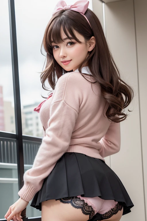 ((highest quality)), ((masterpiece)), (detailed), Perfect Face、((highest quality)), ((masterpiece)), (detailed), Perfect Face, superior, highest quality, High resolution, Hmph, Perfect Pixel, 4K, Hmph, Hmph))), 1 girl, single, alone, Beautiful woman、I could see the whole body、 ((Mid-wave hair, bangs, Brown Hair)), ((Brown eyes, Beautiful eyelashes, Realistic eyes)), ((detailed face, blush:1.2)), ((Smooth texture:0.75, Realistic texture:0.65, Realistic:1.1, Anime CG Style)), Medium Chest, Dynamic Angle, Perfect body, ((Red bow tie, , Black jacket, Open jacket, Brown cardigan, White shirt, Black Skirt, Check skirt)), City Stairs、階段の下から見superiorげる、Very embarrassing panic smile, looked back、Lean forward、(The wind flipped up her skirt, Exposing your buttocks..、Hurry up and grab my ass、Pink lace panties:1.3)