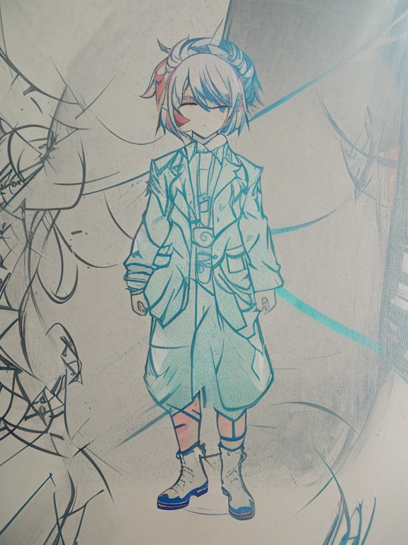 three sided view, Full body portrait, Blue boots, multicolored hair, hime cut, tongue, tearing up, projected inset, projected inset, three sided view, Eye-Level Shot, anime style, best quality, retina, anatomically correct