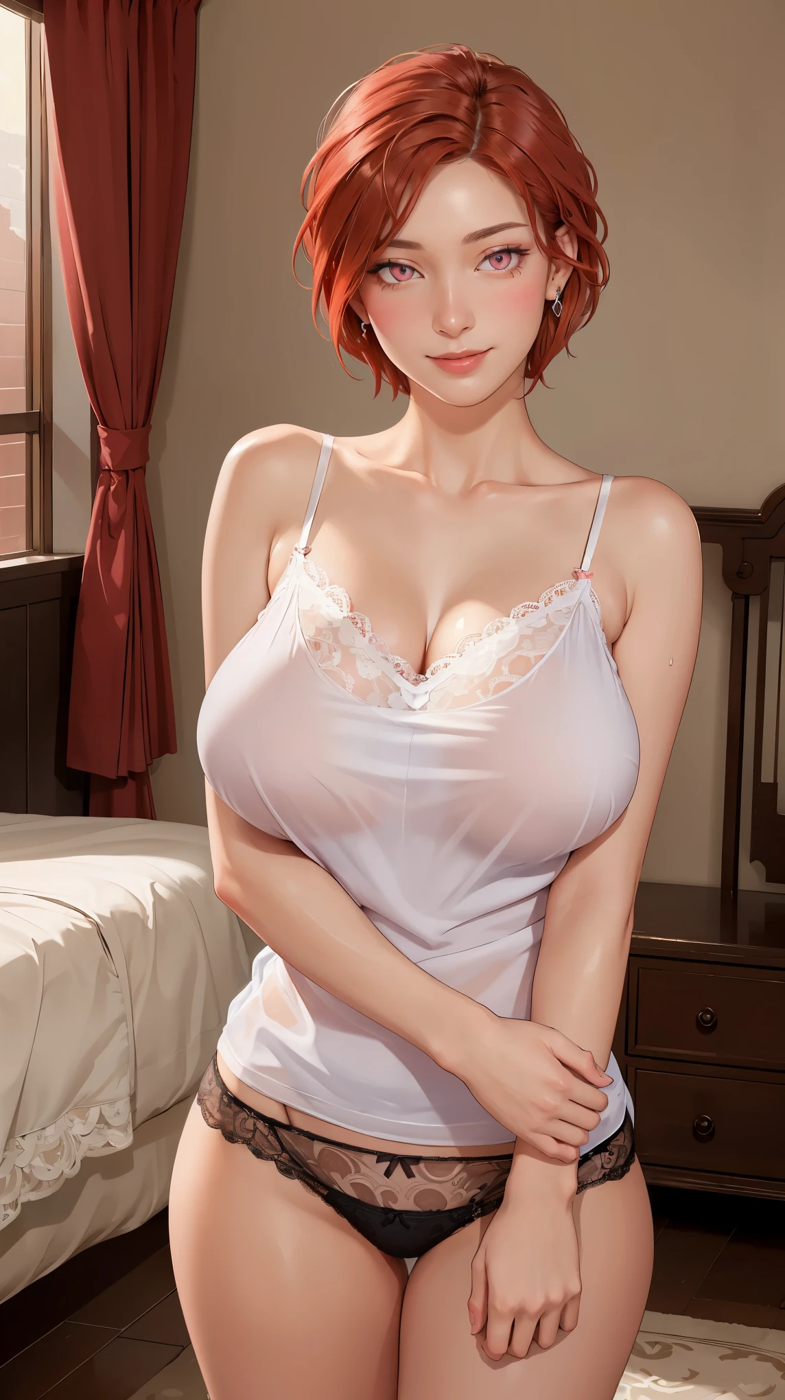 ((((masterpiece, best quality, high resolution)))), Extremely detailed 8K, Beautiful girl with voluptuous body, (Ultra HD, Ultra-detailed, Highly detailed, Highly realistic, Ultra-realistic, photograph realistic), (1girl:1.5), (Realistic red hair), (short wavy hair, bob cut, earrings), (dynamic poses), facing at camera, looking at viewer, (blushing red, embarrassed, smile), (pink eyes, sharp eyes), (huge perky breasts:1.2), (beautiful detailed face, beautiful detailed eyes), ((translucent loose nightdress)), (detail pussy), (standing up), sweat, glow, (sunbeam, sunlight), ((cowboy shot)), bedroom, seductive