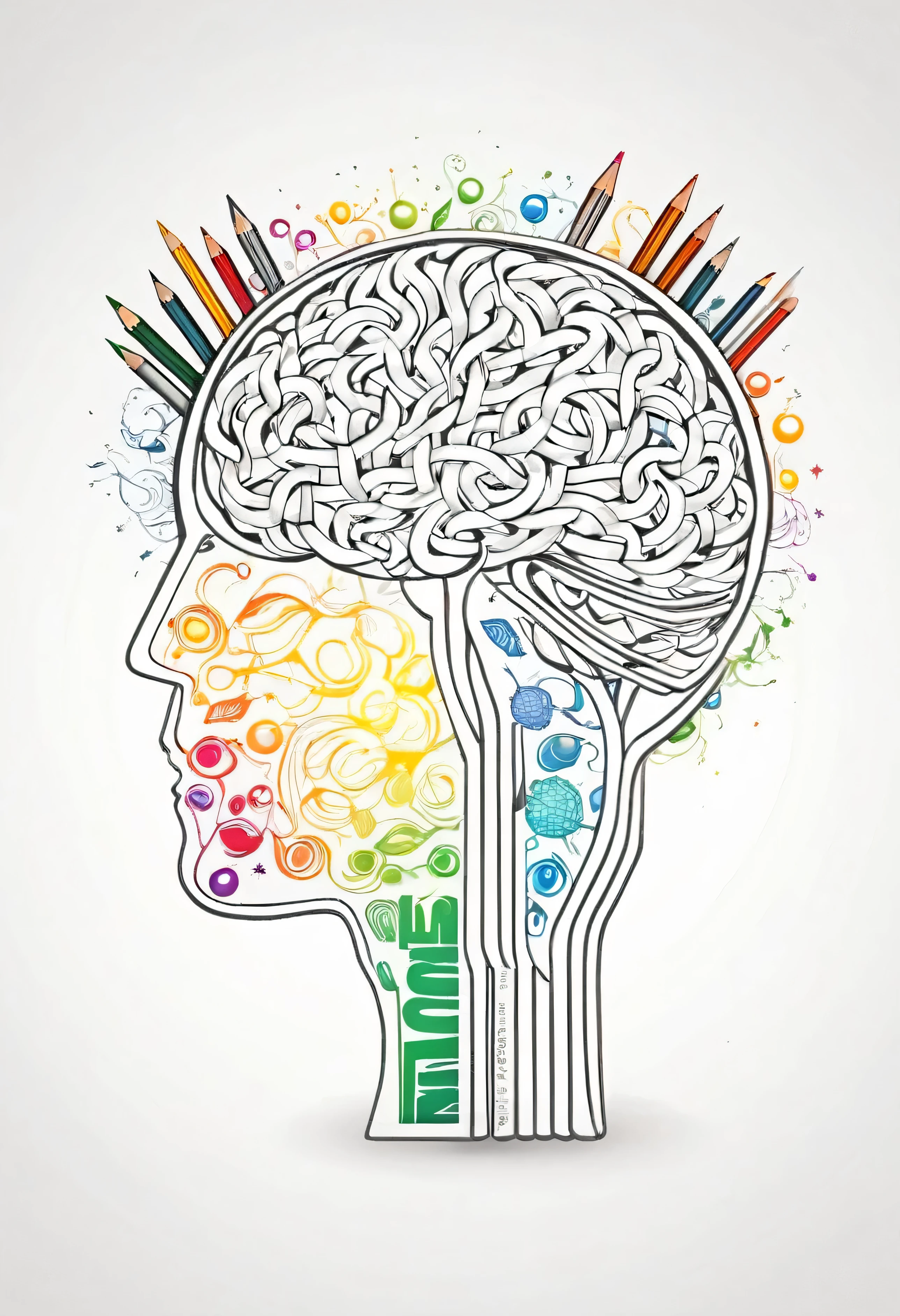 Make a logo showing being thought full creatively with showing pencil ideas and brain with colours 