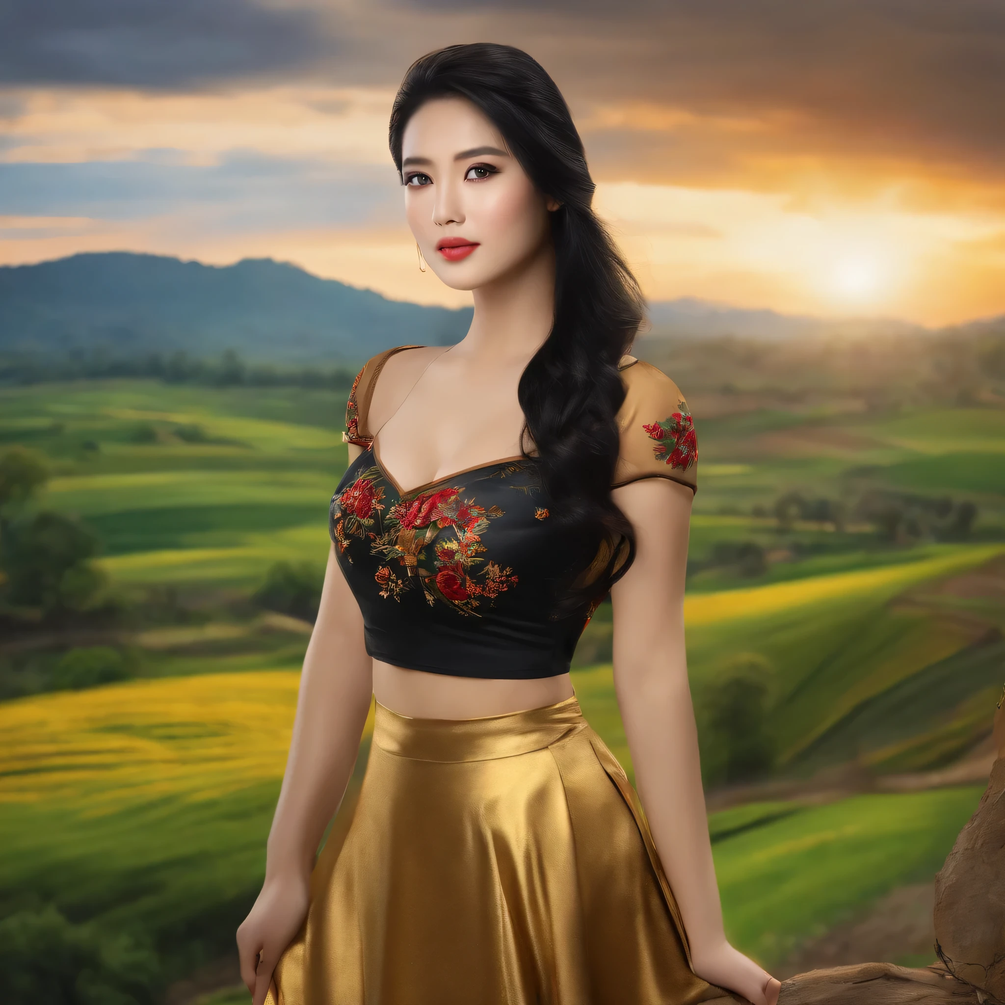 (best quality,realistic:1.2),asian beauty,colorful painting,detailed blue eyes,long black hair,short and low-cut blouse,short and tight golden skirt,rural landscape background.