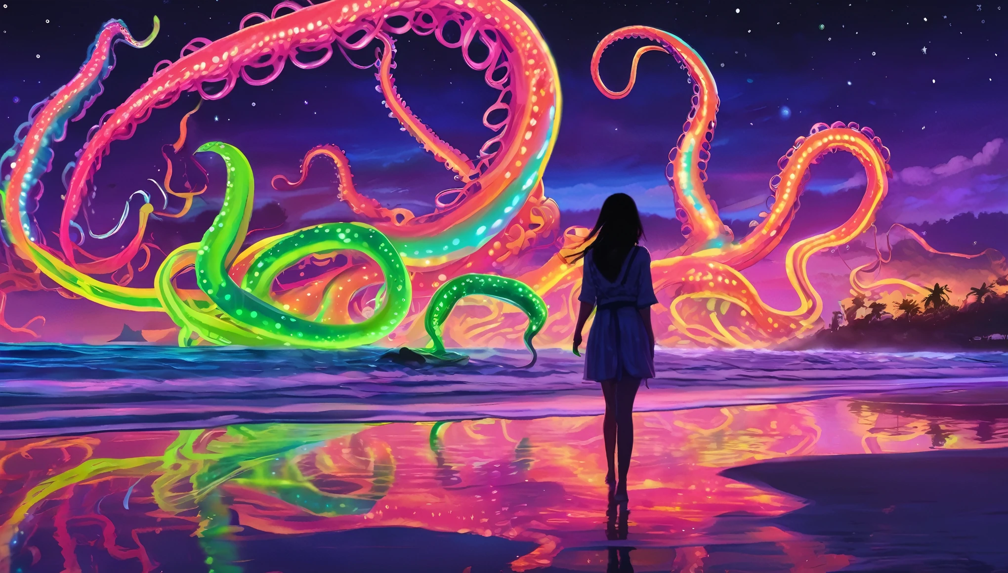 A (stunning nubile Malaysian woman strolling)(friendly fluorescent tentacle creatures) on a neon-lit beach under a starry, otherworldly sky