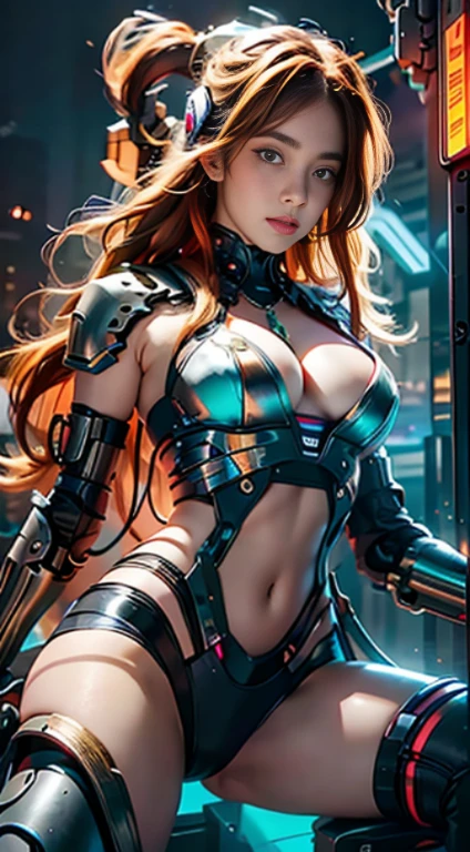 Virtual image,Realistic 8K images,Masterpiece,Complete Anatomy,Sharp details,Highest quality,Girl with long hair, flowing orange hair, With blue eyes.,have beautiful breasts.,glowing machinery,Machine with neon lights,robot cyborg robot,bikini_white/metallic orange,Lively and bright,A smile corners his mouth....,Turn to your side, spread your legs, Look at me.....,The background is a deserted city at dusk....