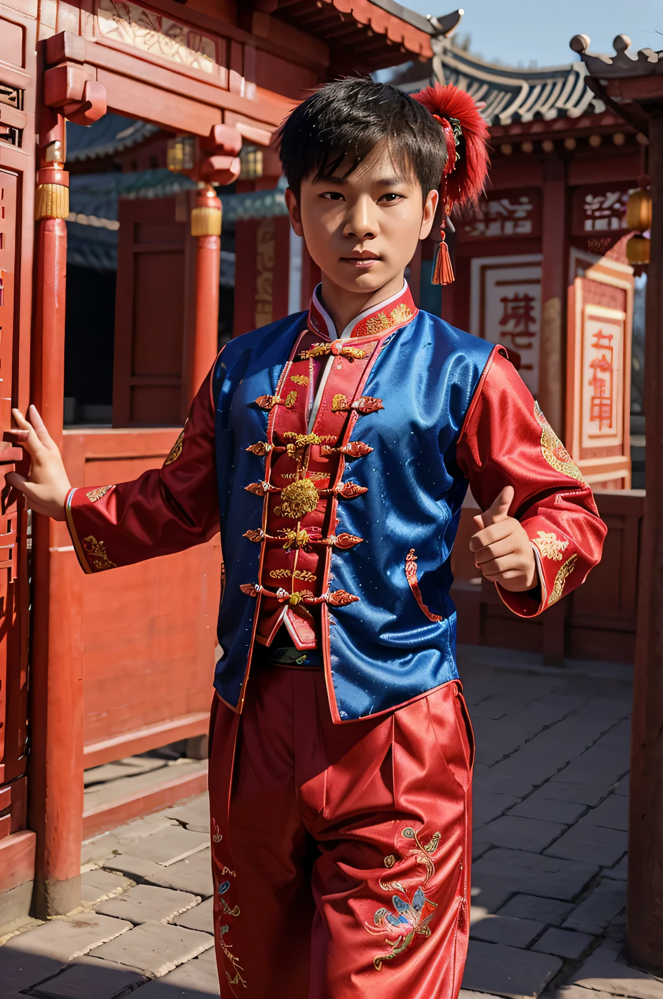 3D animation of a Chinese boy wearing a red lion dance costume with blue details and sparkling beads. The boy is also wearing traditional Chinese clothing in red with dragon embroidery and a pink tie. The background is a traditional Chinese gate.