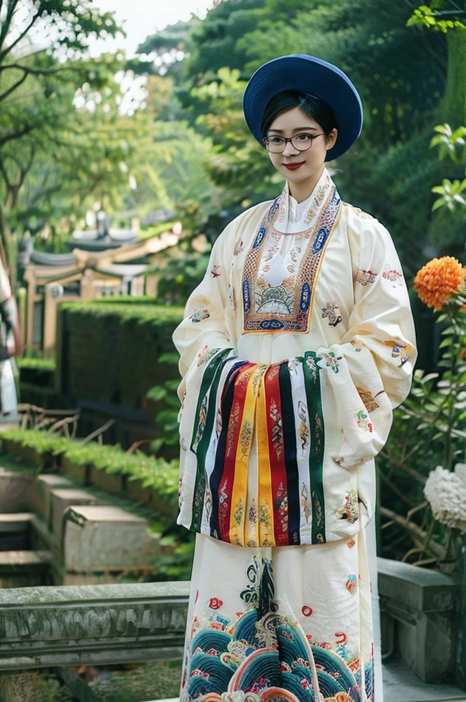 A beautiful short hair Asian girl with glasses wearing colorful Vietnamese ao dai, smirking, blurred background of flower garden.