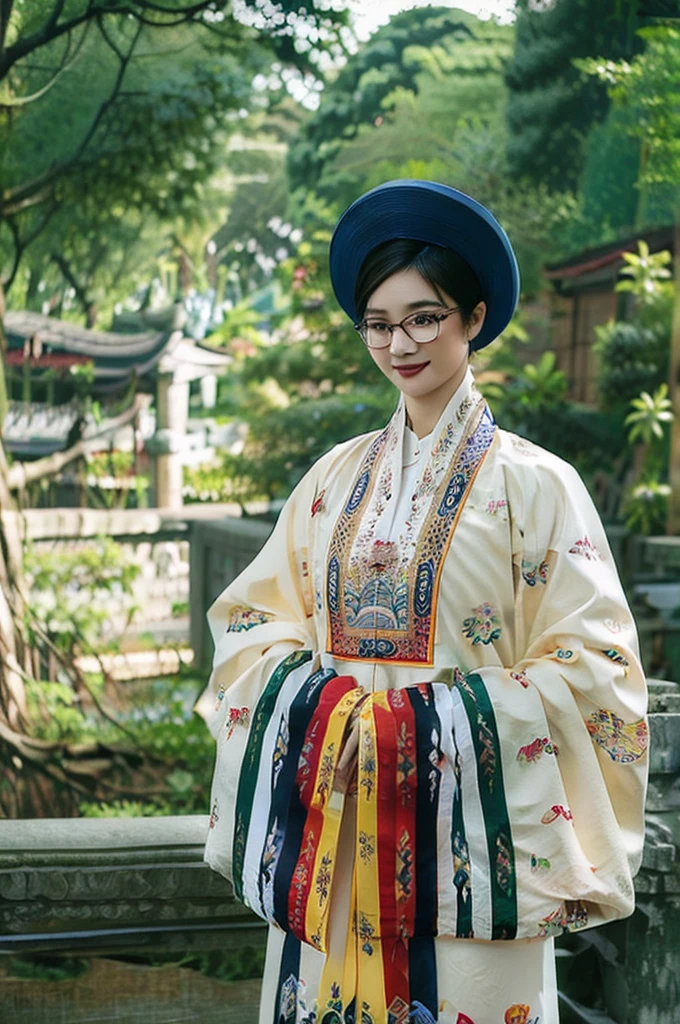 A beautiful short hair Asian girl with glasses wearing colorful Vietnamese ao dai, smirking, blurred background of flower garden.