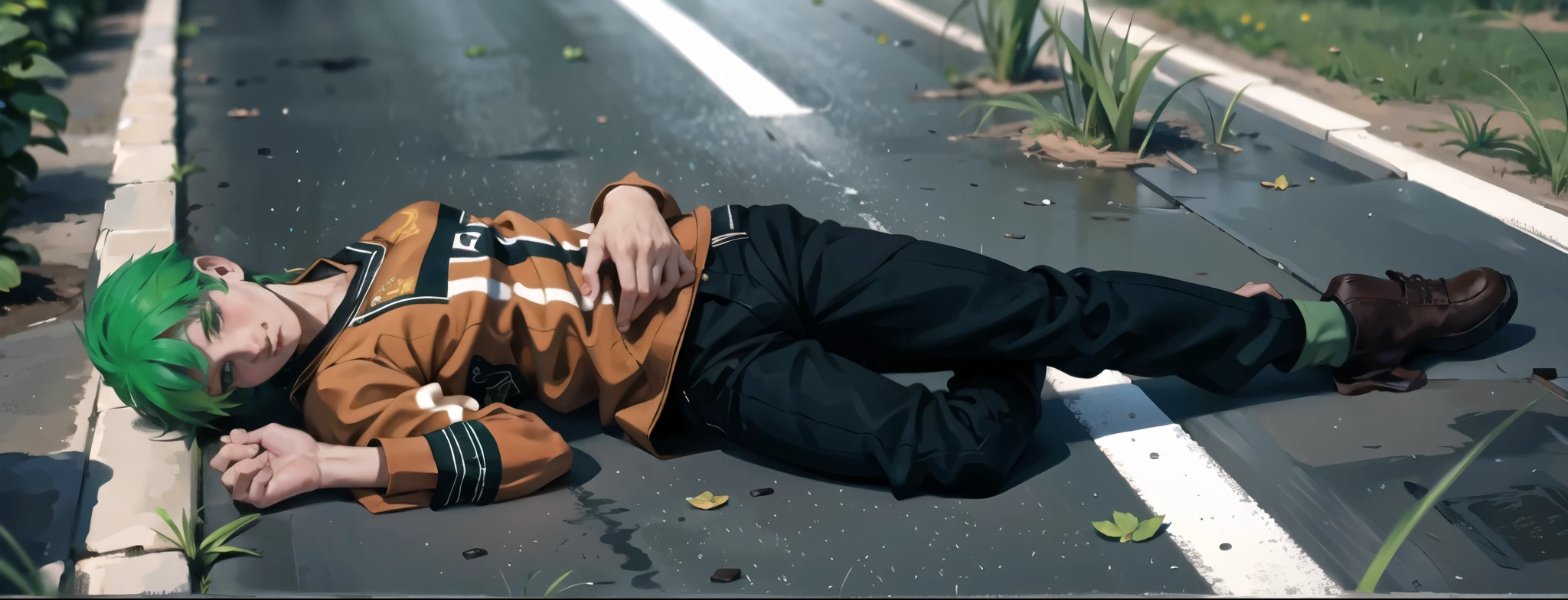 A dead boy with green hair is 16 years old, white pants.