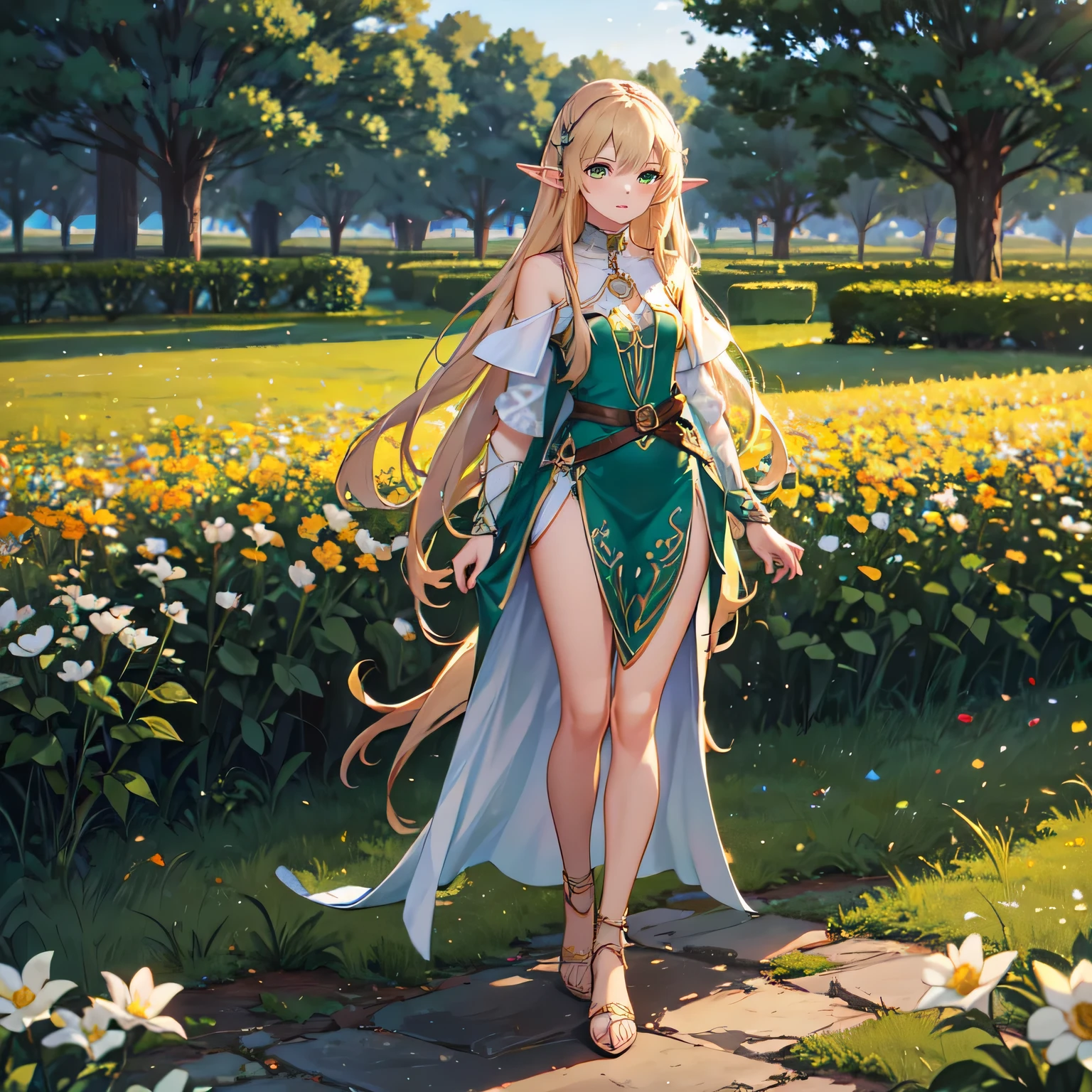 (masterpiece, best quality), an adult elf woman with a defined body with long blonde hair, looking at a field of beautiful flowers, armor-style dress, warm lighting, 4k, perfect face, emerald green eyes, small elf city, full body, warm weather, sunny day in the elf village