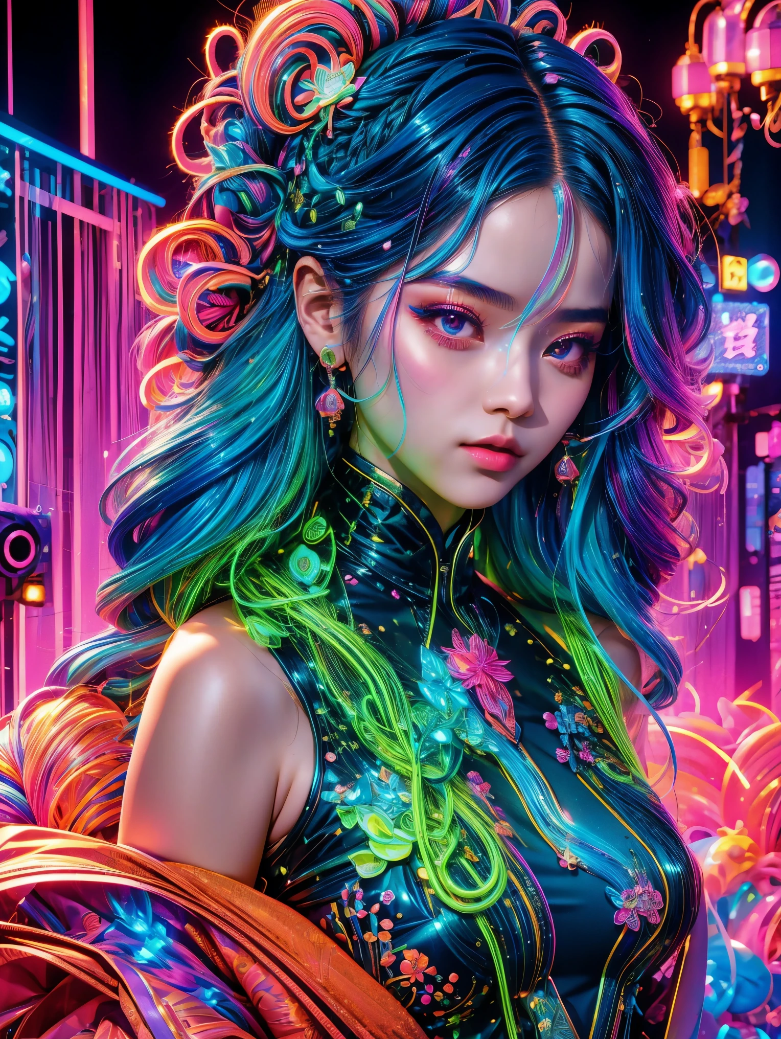 (Medium shot), (Neon)，Circuit Board，(1 Girl:1.3)，(Woman&#39;s hair is made of thin, colorful neon tendrils:1.7), (Long, colorful neon hair flows down her body), 她的头发由薄薄的彩色Neon卷须组成，Fits and covers her body，Form a piece of clothing, (Neon纤维:1.05), ((Neon串电缆)), The scenery is cables and technology, intricate and detailed tech gear chaos, beautiful detailed glow, 细细的五彩Neon串的触手在周围扭动, Surrounding cables are chaotic, Neon tendrils flow, (电缆和五彩Neon串围绕角色旋转:1.1), (detailed:1.05), (ultra-detailed:1.1), (detailed light:1.05)