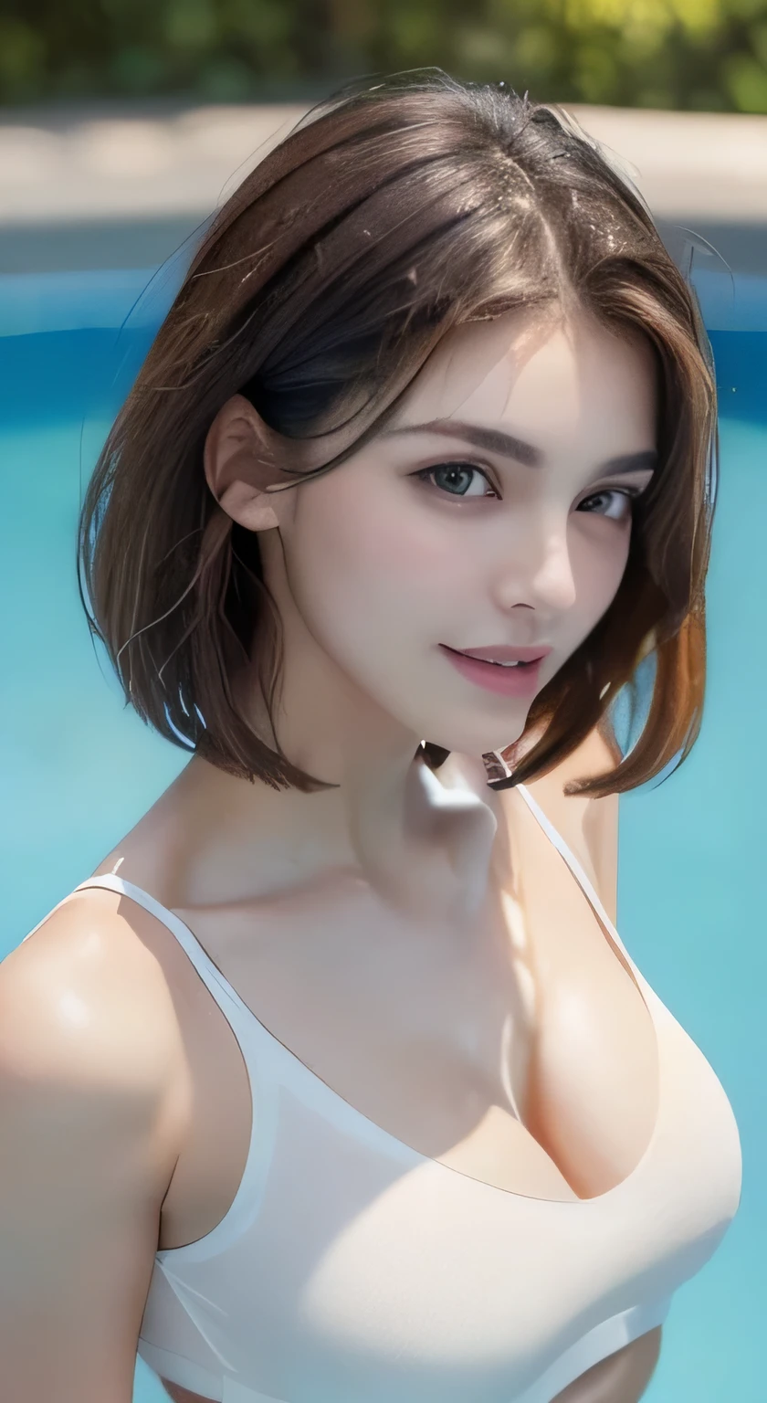 ((Realistic lighting, highest quality, 8k, masterpiece: 1.3)), Clear focus: 1.2, One Girl, Perfect beauty: 1.4, Slim Abs: 1.1, ((Dark brown hair)), Take off your clothey chest is sticking out、(White crop top: 1.4), Poolside, Very beautiful face, Beautiful Eyes, double eyelid,smile、Big Breasts、Cleavage