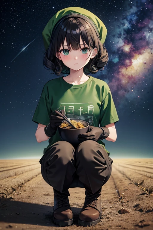 Anime Art、Full body portrait、Space SF Farmers、A Russian woman, about , about 140cm tall, squatting, wearing a dark green T-shirt and long pants, holding an agricultural fork、I'm worried、Curly short black hair、Dark green eyes、gloves、sports boots、Bowl wrap on the head