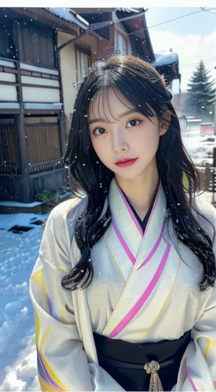 (kimono)、、(highest quality,masterpiece:1.3,超A high resolution,),(Ultra-detailed,Caustics),(Photorealistic:1.4,RAW shooting,)Ultra-Realistic Capture,Very detailed,High resolution 16K for human skin、 The skin texture is natural、、The skin looks healthy、The color is also uniform., thigh bone, Use natural light and color,One Woman,Japanese,,cute,Black-haired,Middle Hair,(Depth of written boundary、chromatic aberration、、Wide range of lighting、Natural Shading、)、、(it&#39;s snowing:1.2)、(Hair swaying in the wind:1.2)、(Snow reflects light:1.2)、Backlight