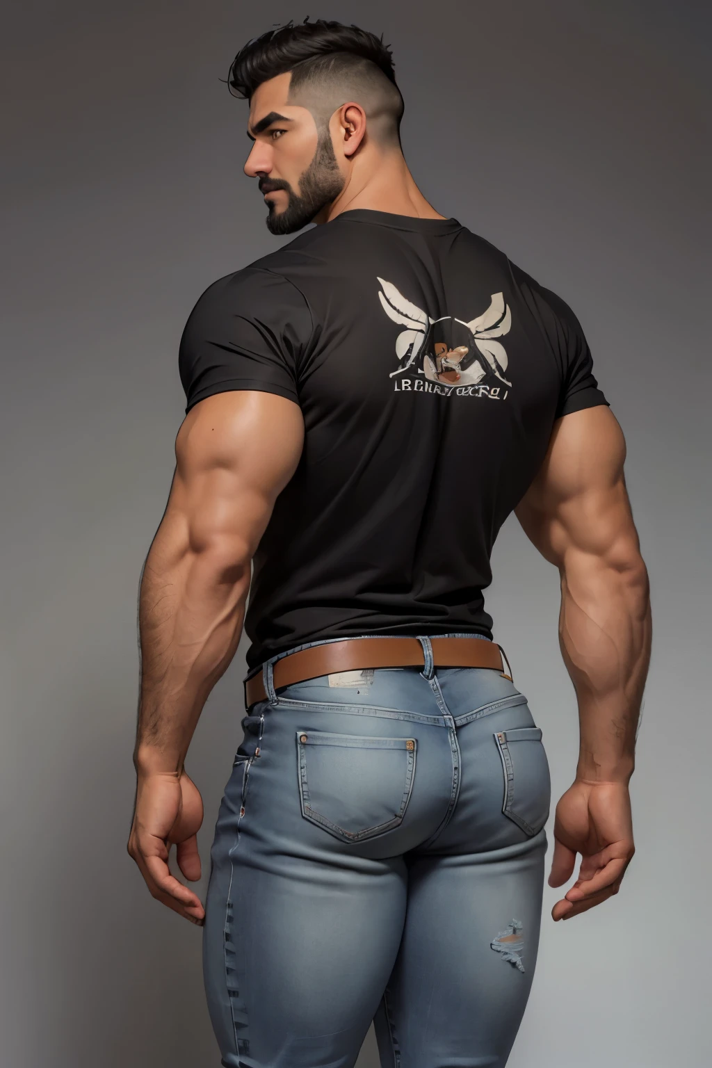 Obra maestra, mejor calidad, ultra detallado, 1 hombre, de espaldas,  macho maduro, muscular, pedazo, bara, deportista, carne de res, negro skin, piel bronceada, latino, 36 years old, negro hair, brazos definidos, gray fur, barbas de chivo, cabello demasiado cortado, serious expression, camiseta gris, science fiction background, jeans de espaldas,  jeans backside backside bent over, doggy