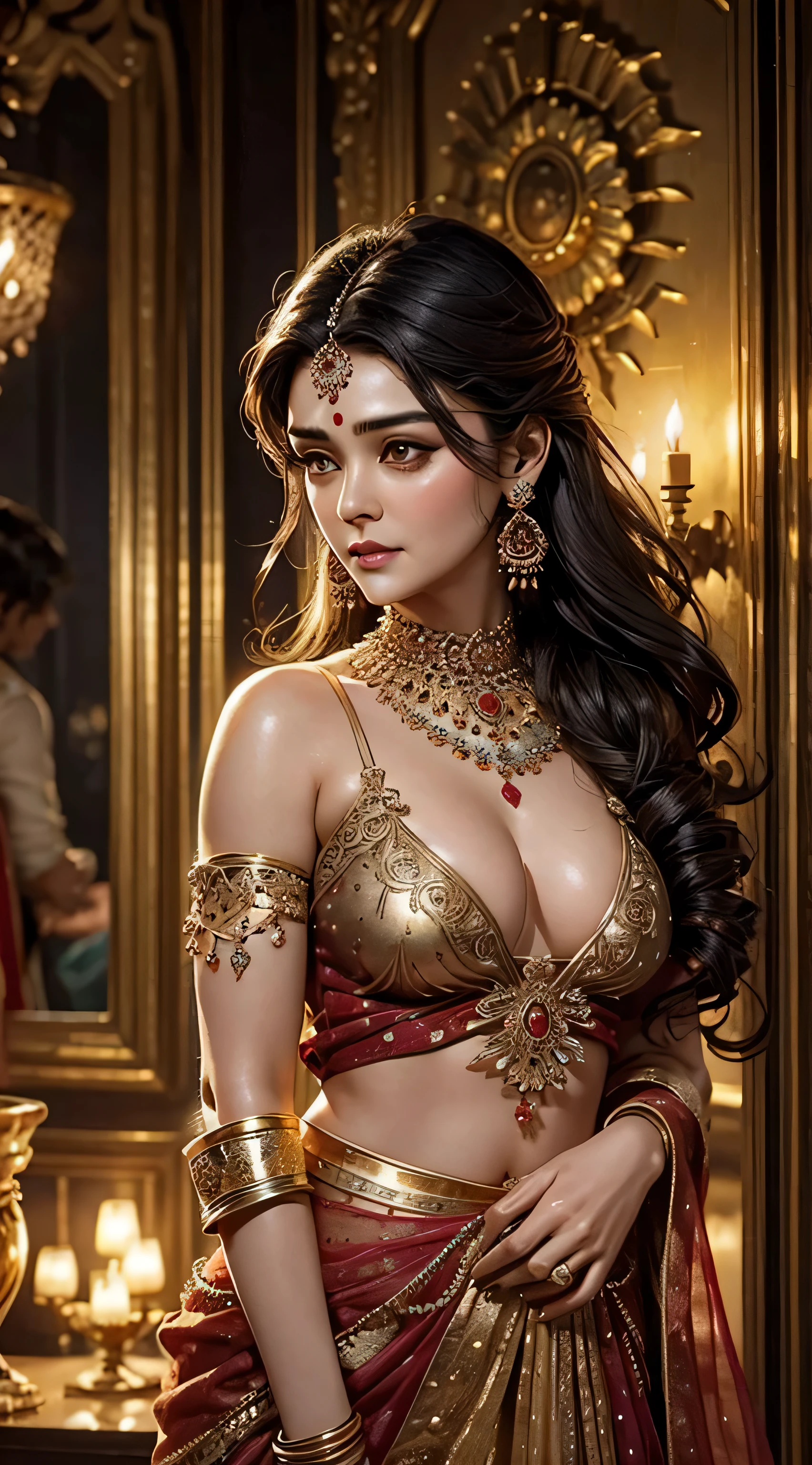 Preity Zinta, as 21 years old beautiful woman, wearing an ornate dark ghagra and a long blouse, eye mascara, eye shadows, long eye lashes, gold jewellery , large breasts, standing in a palace, upper body, front view, closeup, pubic hair visible