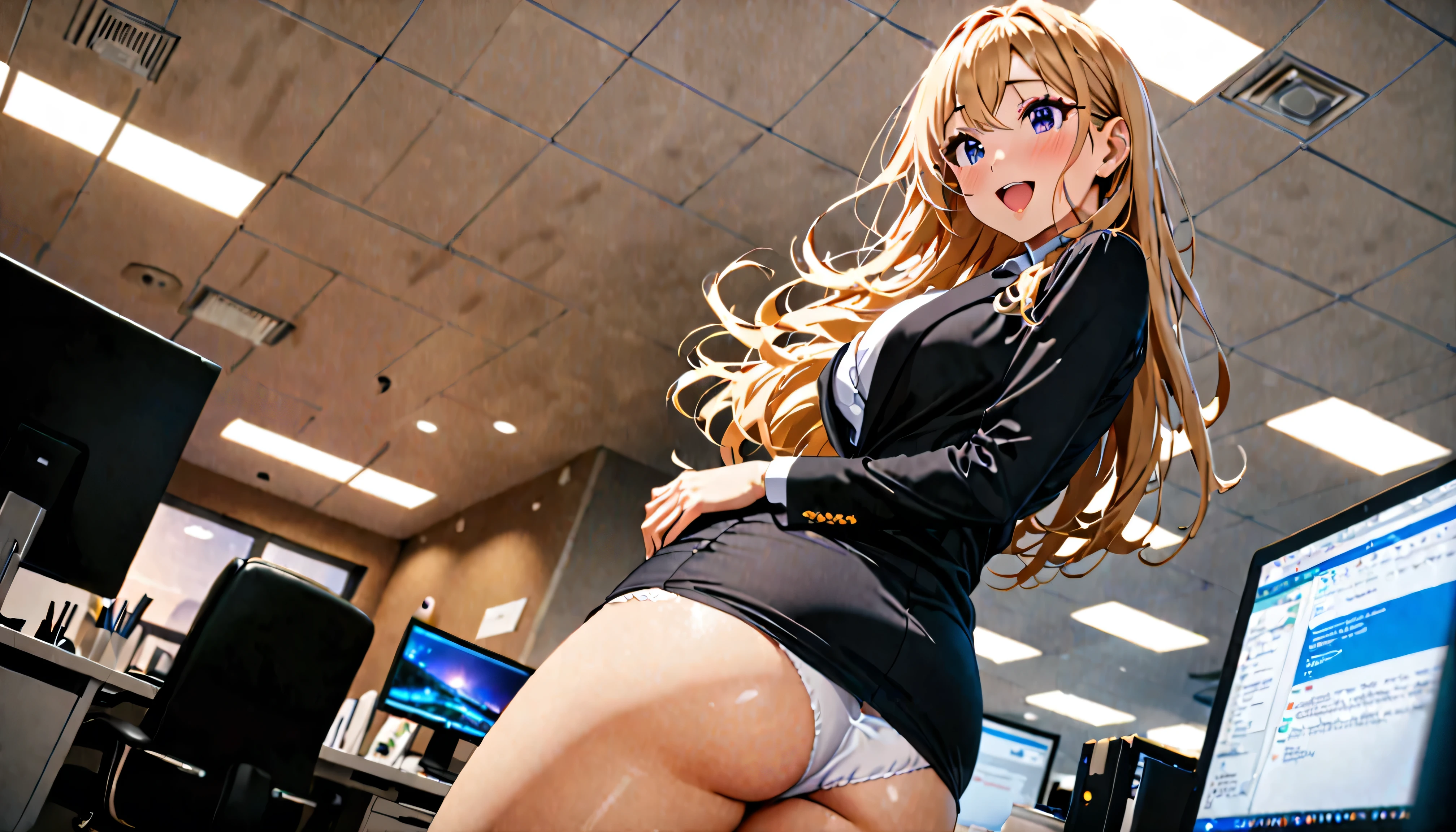 ((highest quality)), ((masterpiece)), (Get used to it), Perfect Face, Long-haired blonde American、Breasts are F cup、26-year-old female,Dress code:suit,Tight mini skirt,White panties,Called,look back,big,Stick your butt out,Laugh shyly,Location:Day Office,One Woman,angle:Looking up from directly below,Location:Office at night