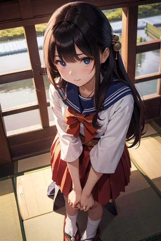 (8K), (best quality), (muste piece: 1.2) Female student with long hair ((Bowing in the Japanese style:1.4)) Wearing a sailor uniform Standing still