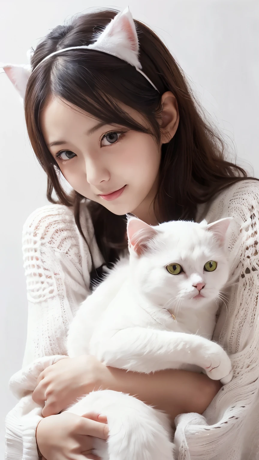 masterpiece, 4k, Bokeh, (Kawai:1.5), high school girl, (Japanese idle:1.6), (Cat ear:1.3), (soft hair:1.3) , (white knit onepiece:1.6), Blushed face, looking at the viewer, cowboy shot, (Holding beautiful white cat :1.3), (white background :1.4),