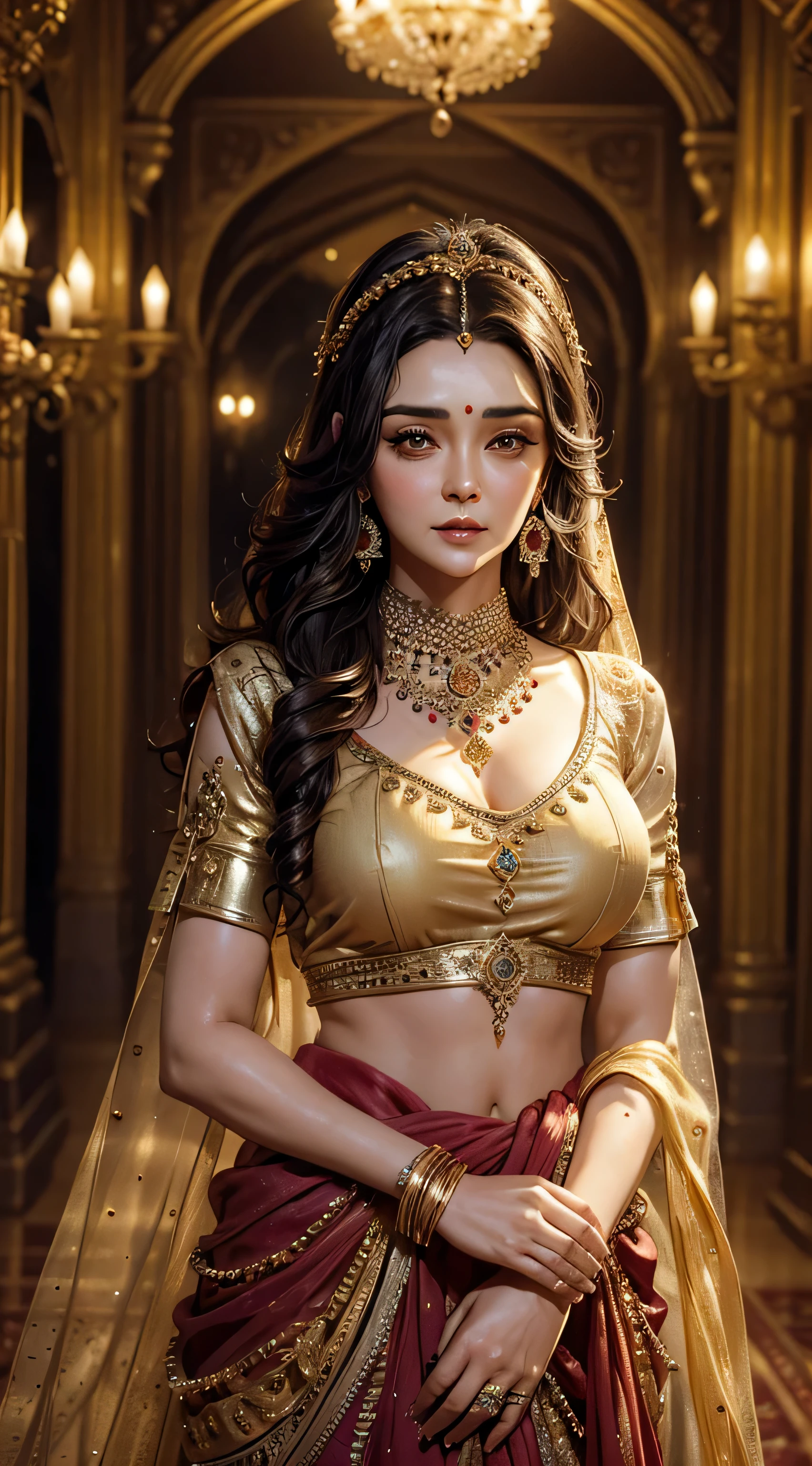 Preity Zinta, as 21 years old beautiful woman, wearing an ornate dark ghagra and a long blouse, eye mascara, eye shadows, long eye lashes, gold jewellery , large breasts, standing in a palace, upper body, front view, closeup, pubic hair visible