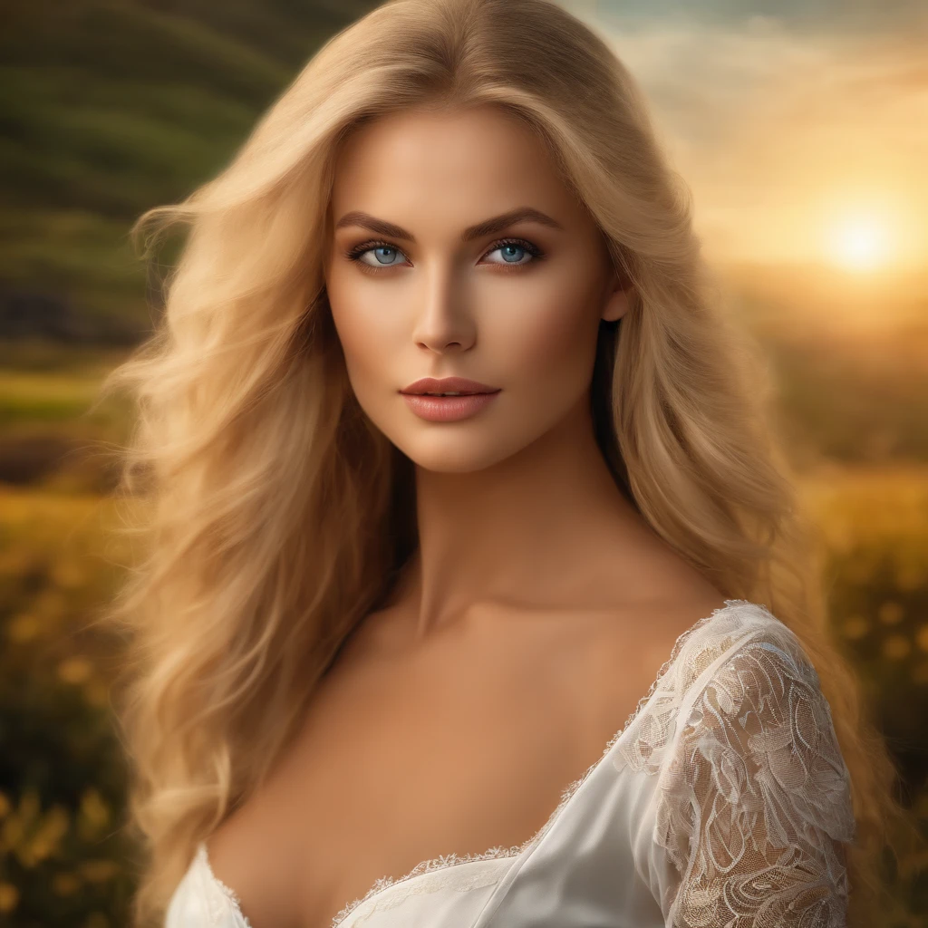 (best quality, highres, ultra-detailed), beautiful woman with clear eyes and long blonde hair, wearing a low-cut blouse and a very short and tight white skirt with golden trimmings. The background is a beautiful rural landscape with extremely detailed imagery.