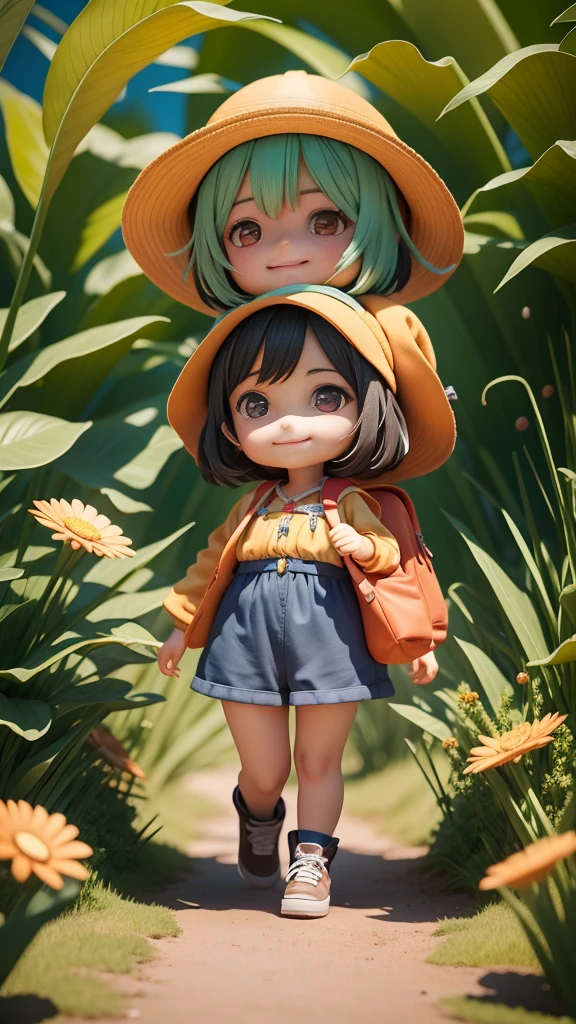 There is a poster,It features a figure wearing a hat and a backpack,Female Explorer Mini Smiling Girl,A bit like Chibi Maruko-chan,Walking in the wilderness,Jungle of flowers and plants,Animation style rendering,Cute 3d rendering,Personagem pequeno。Unreal Engine 5,Stylized anime,Lovely and detailed digital art,Artie Guerin 8K,Stylized 3D rendering,Adventure surrealistic rendering,Anime style 3D,Stylized 3D rendering
