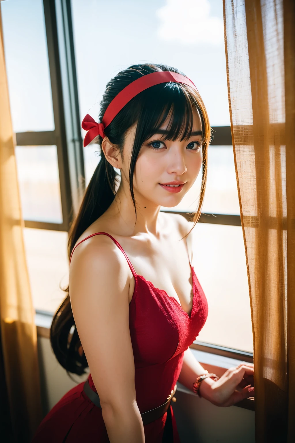 Drill Hair, curtained hair, Hair Bun, Big Hair, Medium Hair, Ribbon Hairband, Heart-shaped pupils, Raise your eyebrows, smile, Pursed lips, Surrealism, Renaissance, anime, anime style, Cinema Lighting, Depth of written boundary, God's Rays, Cast a Shadow, Fujicolor, First Person View, throw, Wide-angle, anime style, Surrealism, 超High resolution, retina, masterpiece, Accurate, Textured skin, Attention to detail, High resolution, 16k