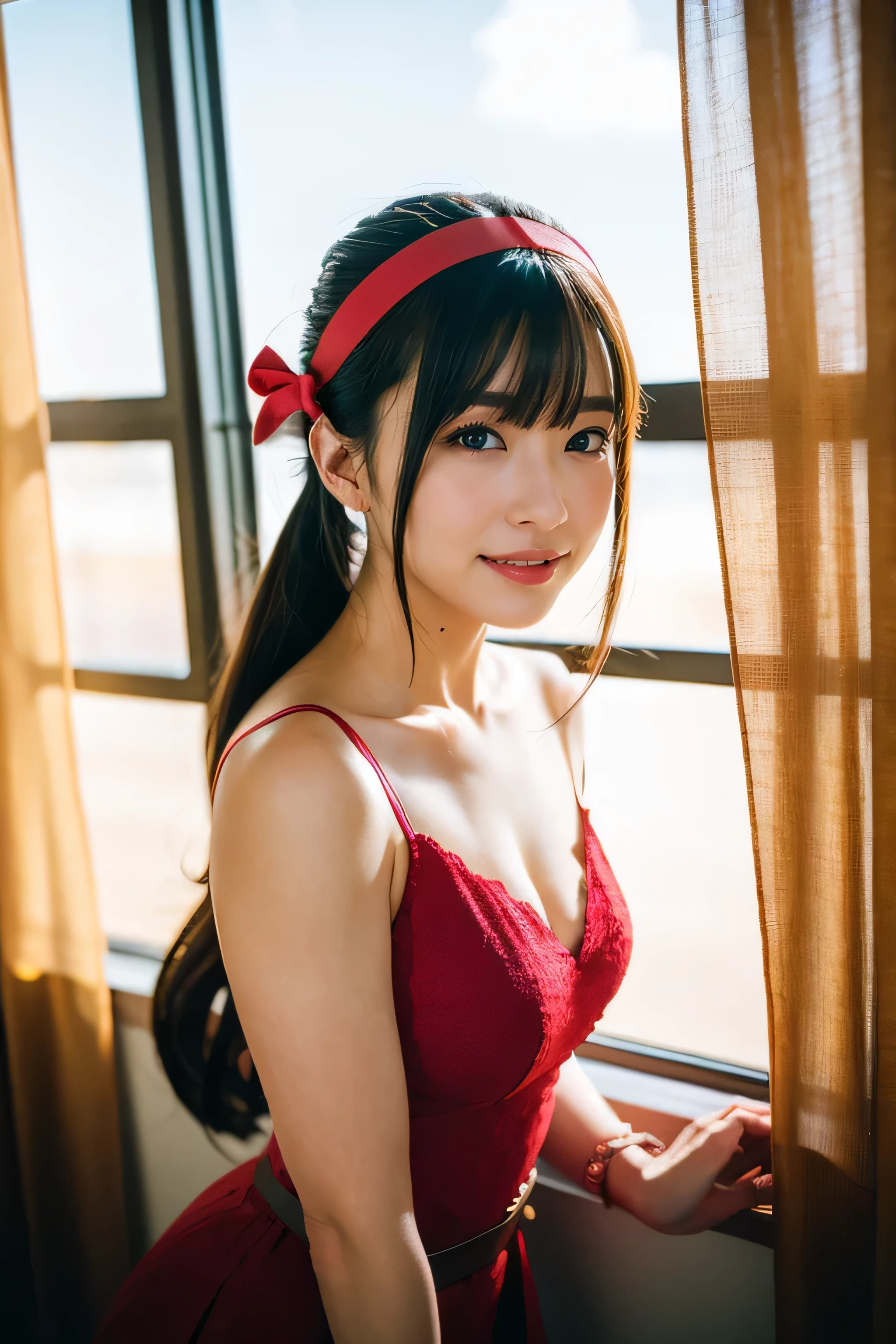 Drill Hair, curtained hair, Hair Bun, Big Hair, Medium Hair, Ribbon Hairband, Heart-shaped pupils, Raise your eyebrows, smile, Pursed lips, Surrealism, Renaissance, anime, anime style, Cinema Lighting, Depth of written boundary, God's Rays, Cast a Shadow, Fujicolor, First Person View, throw, Wide-angle, anime style, Surrealism, 超High resolution, retina, masterpiece, Accurate, Textured skin, Attention to detail, High resolution, 16k