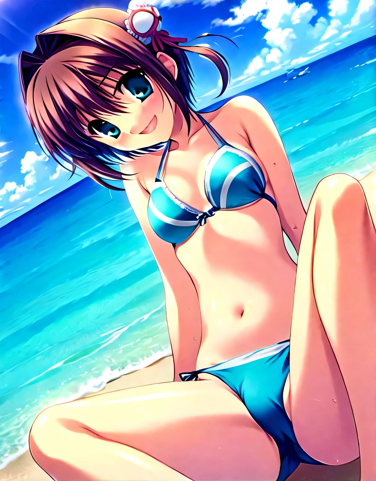 asakura_yume,Brown Hair,Medium Chest,Aqua Eye,smile,White skin,Ocean,Swimwear,bikini,