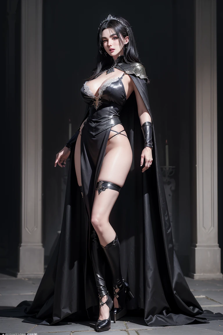 ((Show full body from head to toe, Standing perfectly, standing pose, Body facing to the viewer (Show front body, show center body)). Balance focused camera view, Centered camera view, middle camera view, vertical scape camera. Masterpiece, illustration:1.1, best quality, fine detail, perfect detail, smooth detail, sharp color, 8K, Ultra HD, Ultra-clear portrait, big resolution, perfect lighting, bright lighting, top quality, sharp focus. Fantasy, medieval, magic, wizard. A Beautiful wizard wearing black clothes with skirts, robes, cape, cloaks, lace stockings, show heels. huge breast:1.5, full round breast, alluring body, seductive body, tall body, fit body, Leg length, slender body, pale toned skin, very bright skin, glowing skin, glowing face, bright face, wearing makeup, lipstick, blush. Long black hair, head accessories. Smirking, her eyes looking to the camera. The background is inside a castle. Standing (Full Body View).