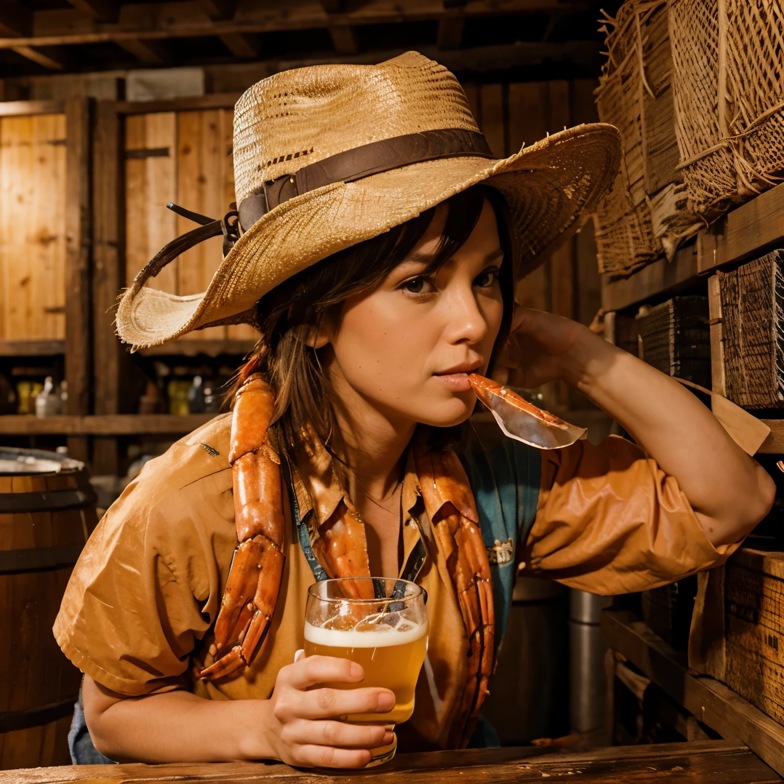 woman with short curly hair in cowboy outfit sitting at bar with a beer, cowgirl, western cowgirl, cowgirl, female cowgirl, western clothing, cowboy style, western hall theme, saturday night in a saloon, dressed as a western sheriff, oldwest, wearing cowboy hat, wearing a cowboy hat, oldwest, female sheriff, in the oldwest, Wild West, reflection light, shadow, Fujicolor, motion lines, , 16K