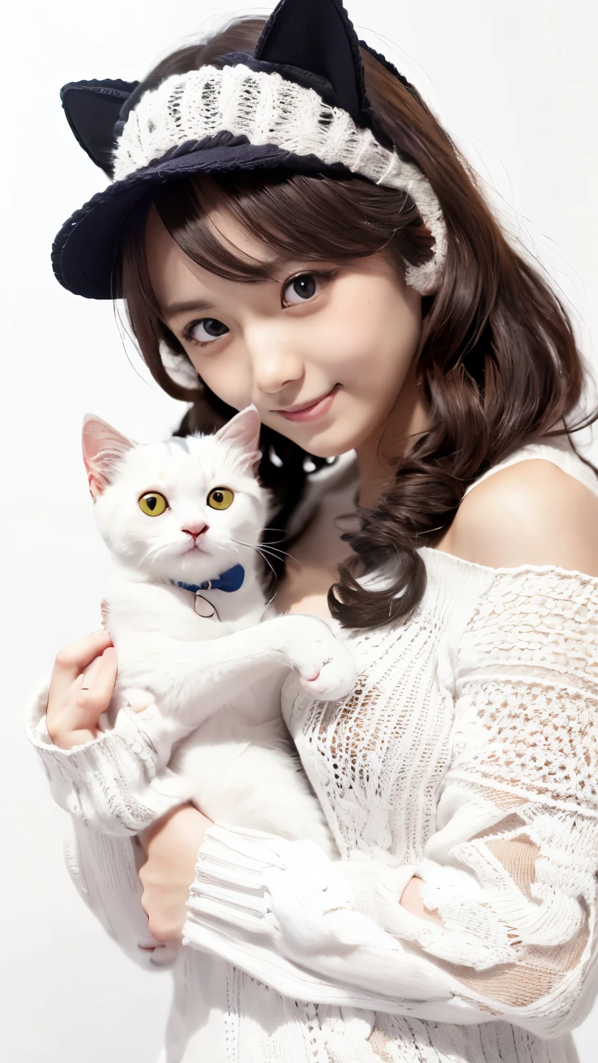 masterpiece, 4k, Bokeh, (Kawai:1.5), high school girl, (Japanese idle:1.6), (Cat ear:1.3), (soft hair:1.3) , (white knit onepiece:1.6), Blushed face, looking at the viewer, cowboy shot, (Holding beautiful white cat :1.3), (white background :1.4),