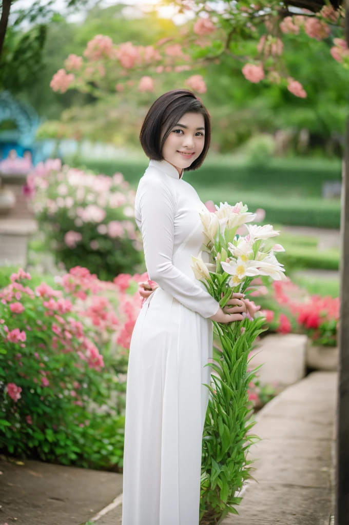 A beautiful short hair Asian girl wearing colorful Vietnamese ao dai, smirking, blurred background of flower garden.