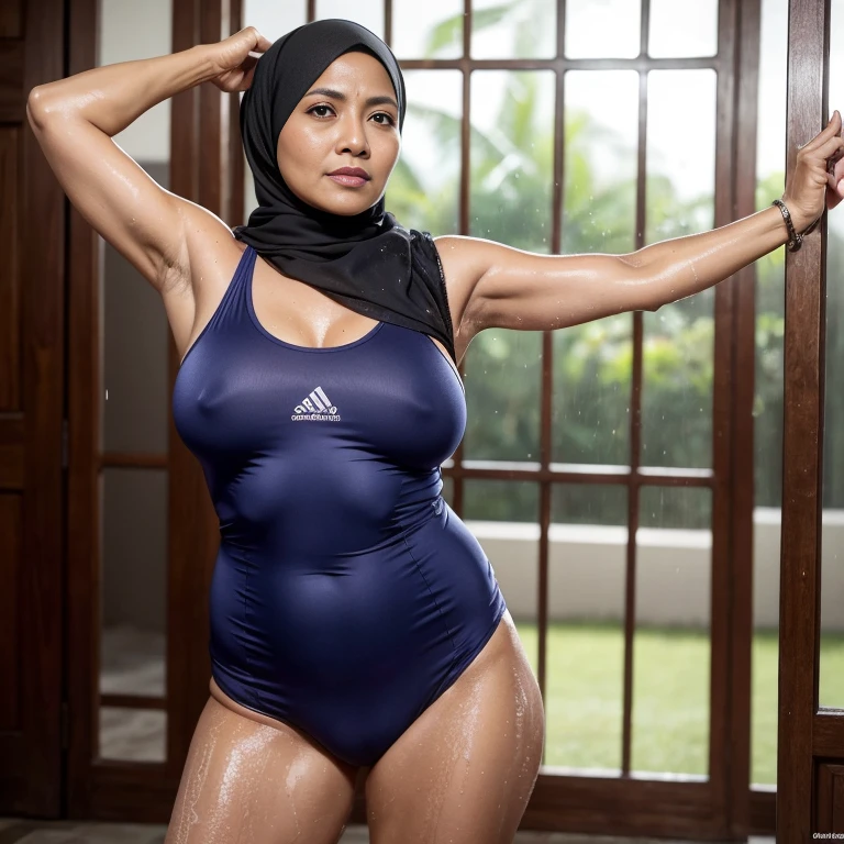 Highest resolution, no blur, highest quality zoom out,realistic, full body pose in frame, sweaty,shiny, wet, standing pose, raise arms exposing armpit,busty gigantic dropy breasts,fair malay arab mature ,beautiful 60 years old, wearing mini string singlet, wearing hijab,