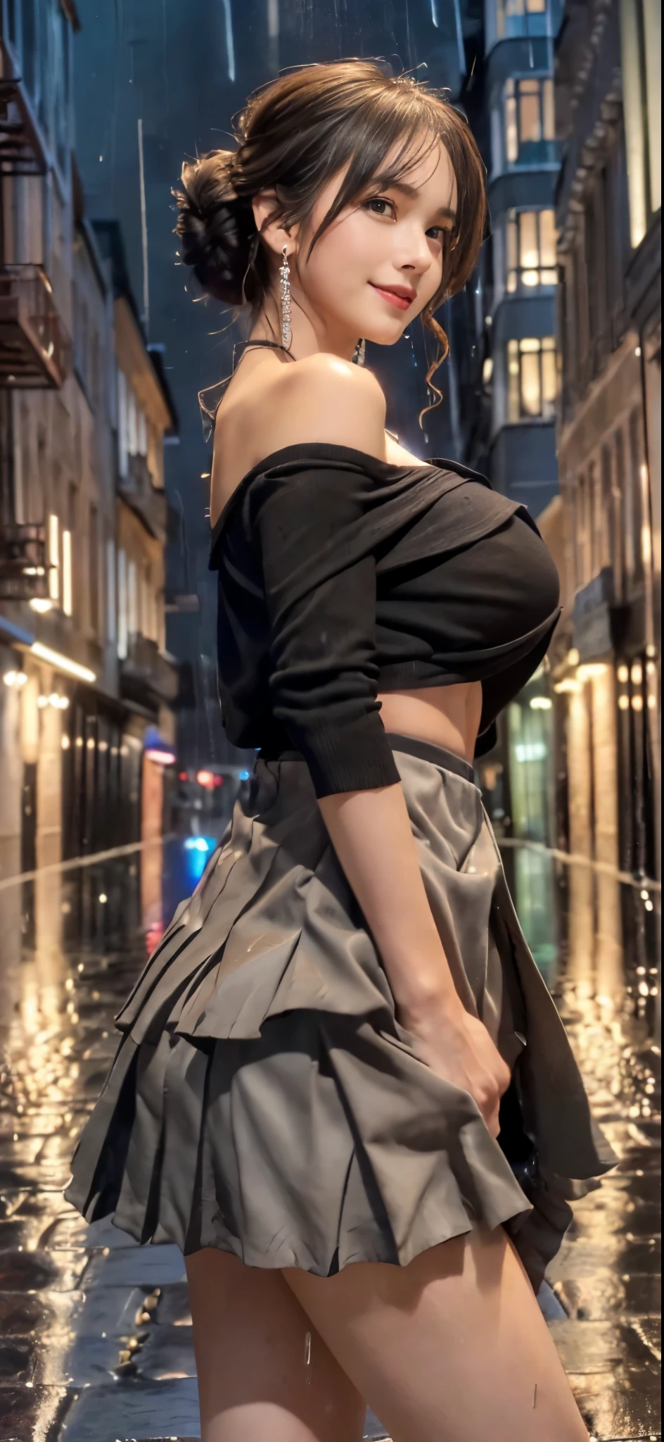 (((masterpiece:1.4, Best Quality:1.4, 8K, ultra high res, Physically Based Rendering))), sharp focus, flat lighting, ultra Beautiful Sexy Woman, very pretty Japanese women, perfect body:1.1, 24yo, solo, (Detailed large light brown droopy eyes), detailed thin eyebrows, Highlights in the eyes, (((brown hair:1.1, low tied half updo:1.2, hair behind ears))), (A strong wind blows her hair:1.4), Highly detailed facial and skin texture, Slender beauty:1.4, ((white fluffy turtleneck knit:1.2, sleeveless:1.4)), ((gigantic breasts:1.6, sideboob:1.2)), (breasts exposed:1.2), small areola, slim abs, narrow waist, (((black pleated miniskirt:1.2))), ((skirt lift:1.6)), ((no panties:1.4)), (detailed beautiful pussy exposed, pubic hair:1.4, cum in pussy:1.5, Cloudy liquid drips from the pussy:1.5),(slim and long beauty legs), (criss cross straps sandals), no makeup, Clear facial features, (smile:1.1, steam on mouth), ((sitting with thrust her butt back:1.4), (spread legs wide:1.3), (from behind:0.5, from below:1.3), (on the brooklyn bridge at night:1.4, Night view of New York skyscrapers in the background), (spectacular starry night:1.3), ((It's snowing:1.4)), (incredible sky:1.2),