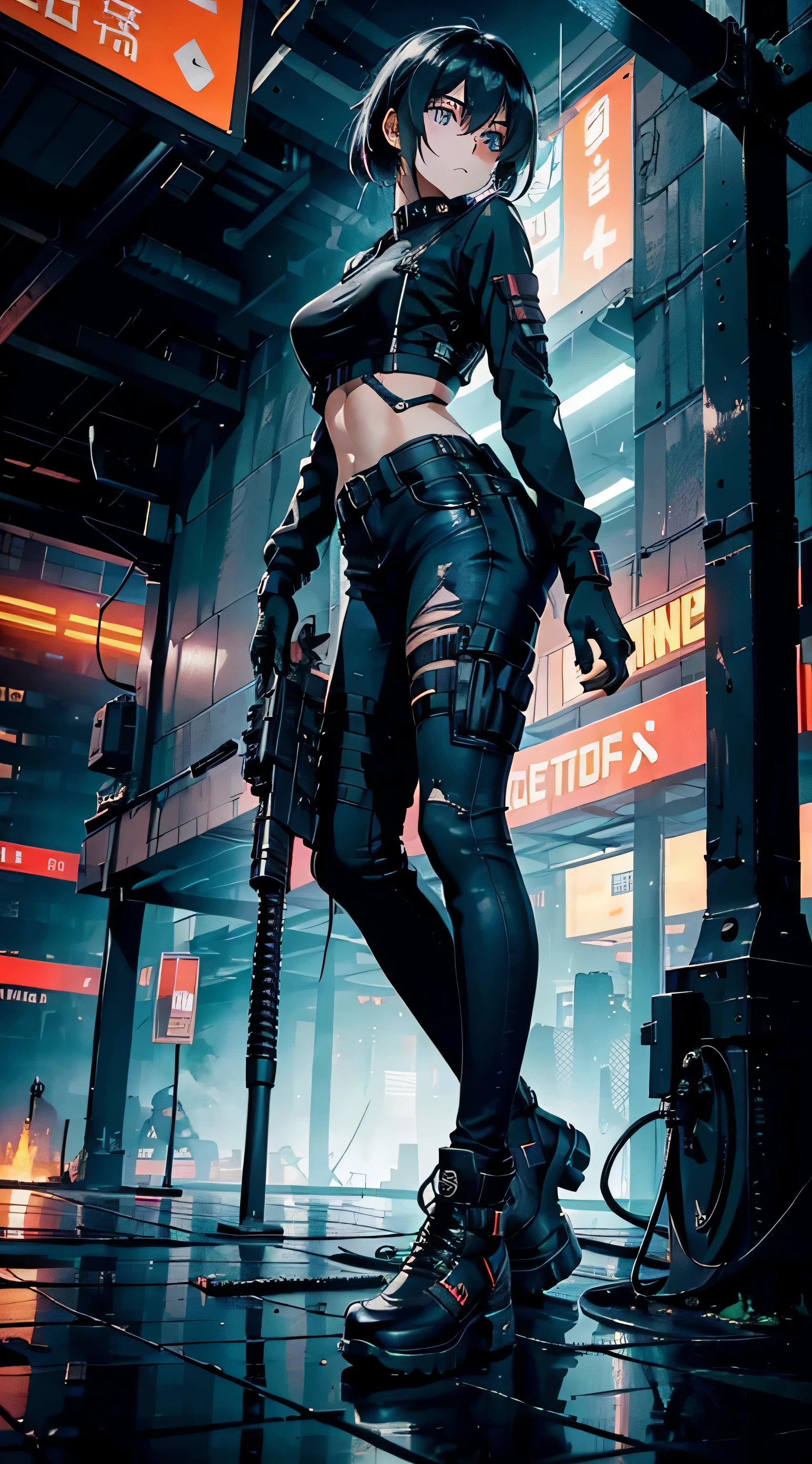 a sexy female cyborg, retro graphics, nsfw, magazine cover, poster art, Lovecraftian horror theme, bold huge text, matted design layout, intricate cyberpunk details, highly detailed face and eyes, flawless skin, metallic cyborg body parts, dark moody atmosphere, dramatic lighting, cinematic composition, vibrant neon colors, glowing technological elements