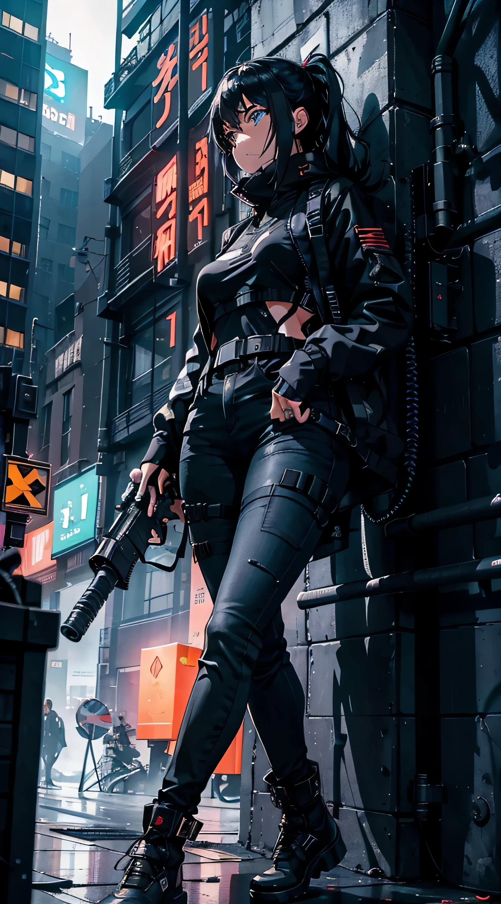 Amidst the pulse-pounding rhythm of the cyberpunk metropolis bathed in neon lights, the solitary girl stood atop a towering building, her heart pounding with a mixture of excitement and trepidation. With unwavering focus, she aimed the high-quality sniper rifle at the distant target, its texture and intricacies rendered in crisp, hyper-realistic detail in the 4K, Full HD image. The gun's sleek black finish blended seamlessly with her long black t-shirt and jeans, military-grade boots adding an additional layer of stealth.
Perched on the precipice, her perfect face was a study in intense concentration
