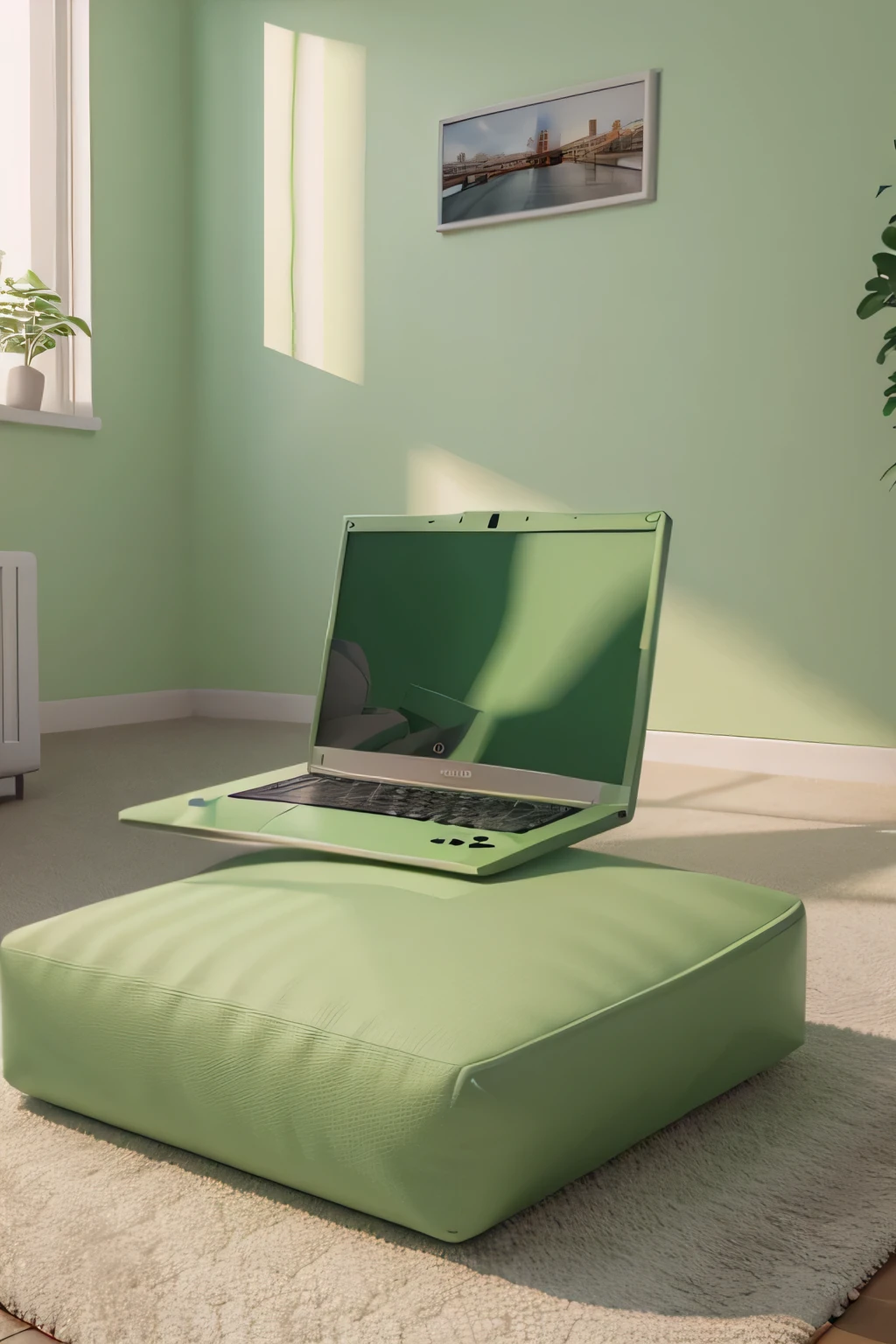 3d cartoonish laptop on the floor near a green pastel shade wall