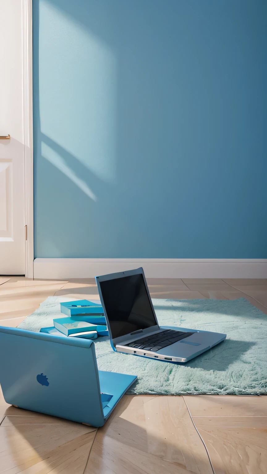 3d cartoonish laptop on the floor near a blue pastel shade wall