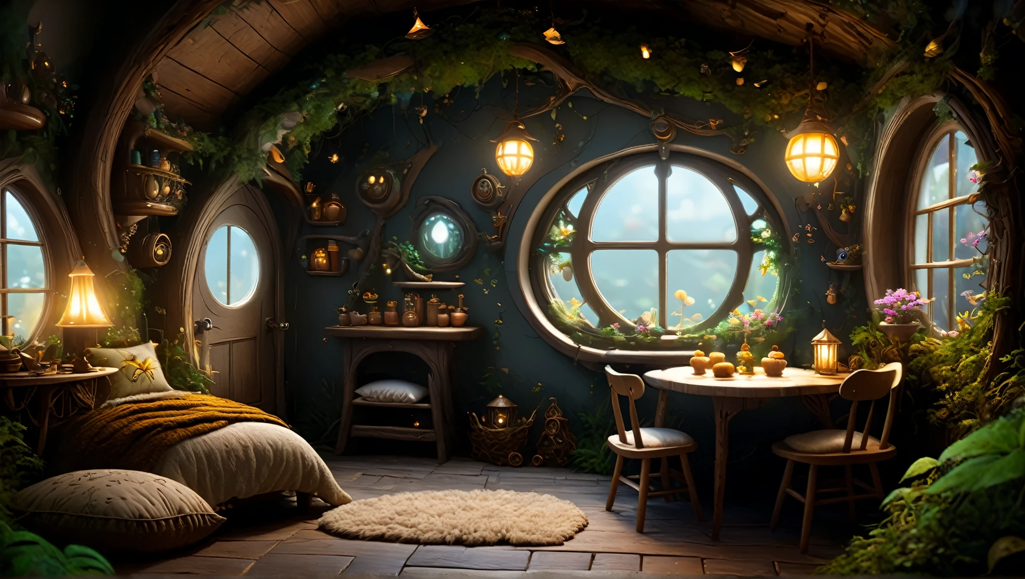 Deep in the woods at midnight, bedroom in a fairy house, rustic furniture, soft indirect lighting, earth-colored pillows and blanket on the bed, cosy enchanted scene, beautiful render of a fairytale, magical environment, relaxing concept art, cozy place, realistic fantasy render, enchanted magical fantasy forest, magical realism style, background artwork, dreamy and detailed, cozy and peaceful atmosphere, 8k high quality detailed art, fantasy style 8 k octane render, cozy environment