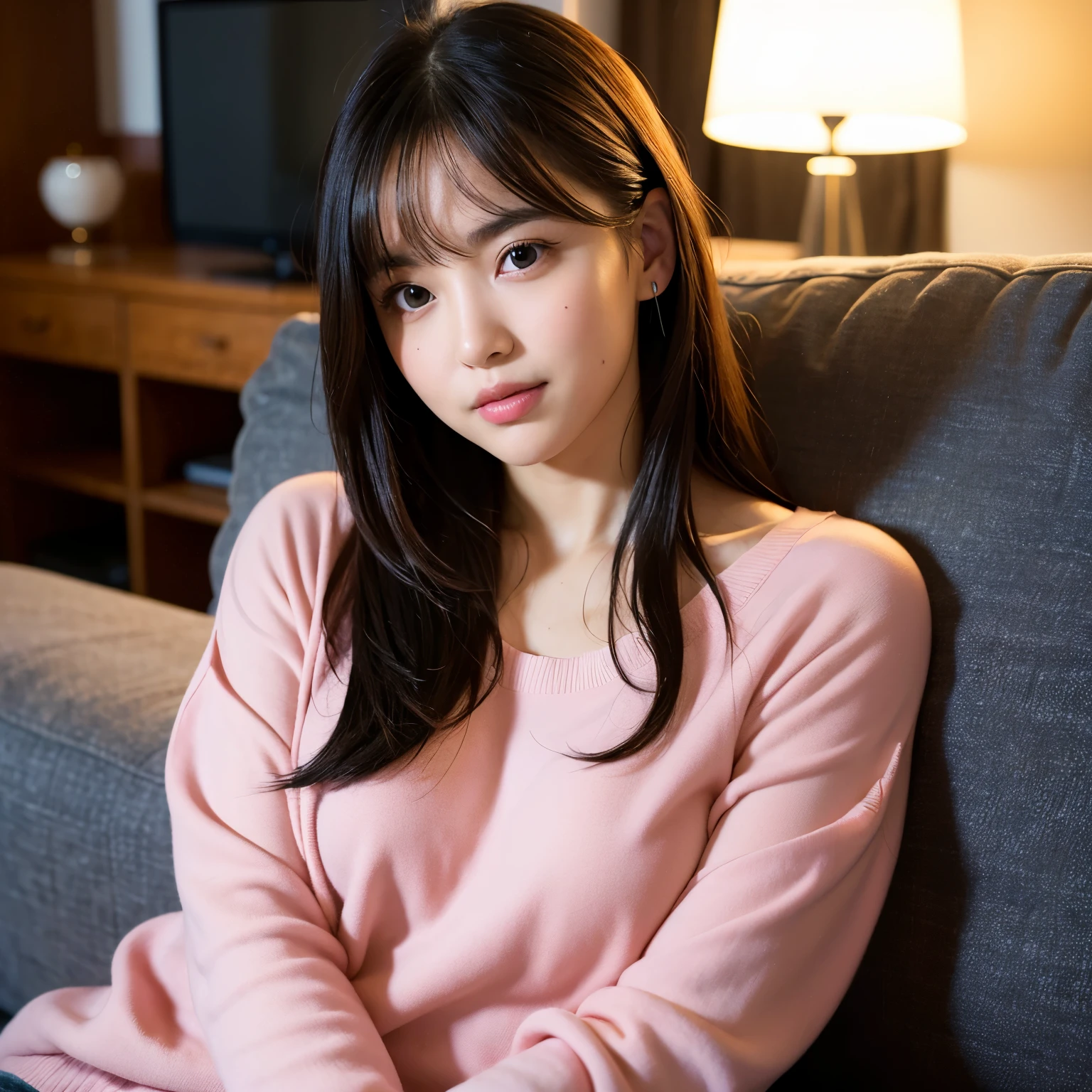 (((highest quality)), ((masterpiece)), (detailed), Best quality, Masterpiece, Ultra-High-Resolution, (Photorealistic:1.4), Raw-Photo, depth of field, professional-lighting), 1girl, the most famous Japanese idol, relaxing on sofa, wearing light-pink casual-clothes, ((extremely cute face like the most popular Japanese idol, ((extremely beautiful and extremely big black-eyes)), extremely beautiful lips, extremely beautiful skins)), innocent smile, detailed sofa, detailed light-pink-casual-clothes