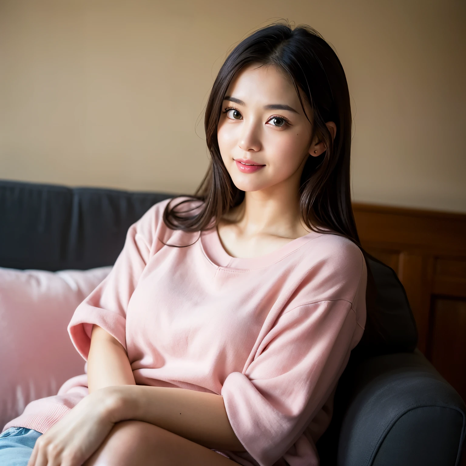 (((highest quality)), ((masterpiece)), (detailed), Best quality, Masterpiece, Ultra-High-Resolution, (Photorealistic:1.4), Raw-Photo, depth of field, professional-lighting), 1girl, the most famous Japanese idol, relaxing on sofa, wearing light-pink casual-clothes, ((extremely cute face like the most popular Japanese idol, ((extremely beautiful and extremely big black-eyes)), extremely beautiful lips, extremely beautiful skins)), innocent smile, detailed sofa, detailed light-pink-casual-clothes