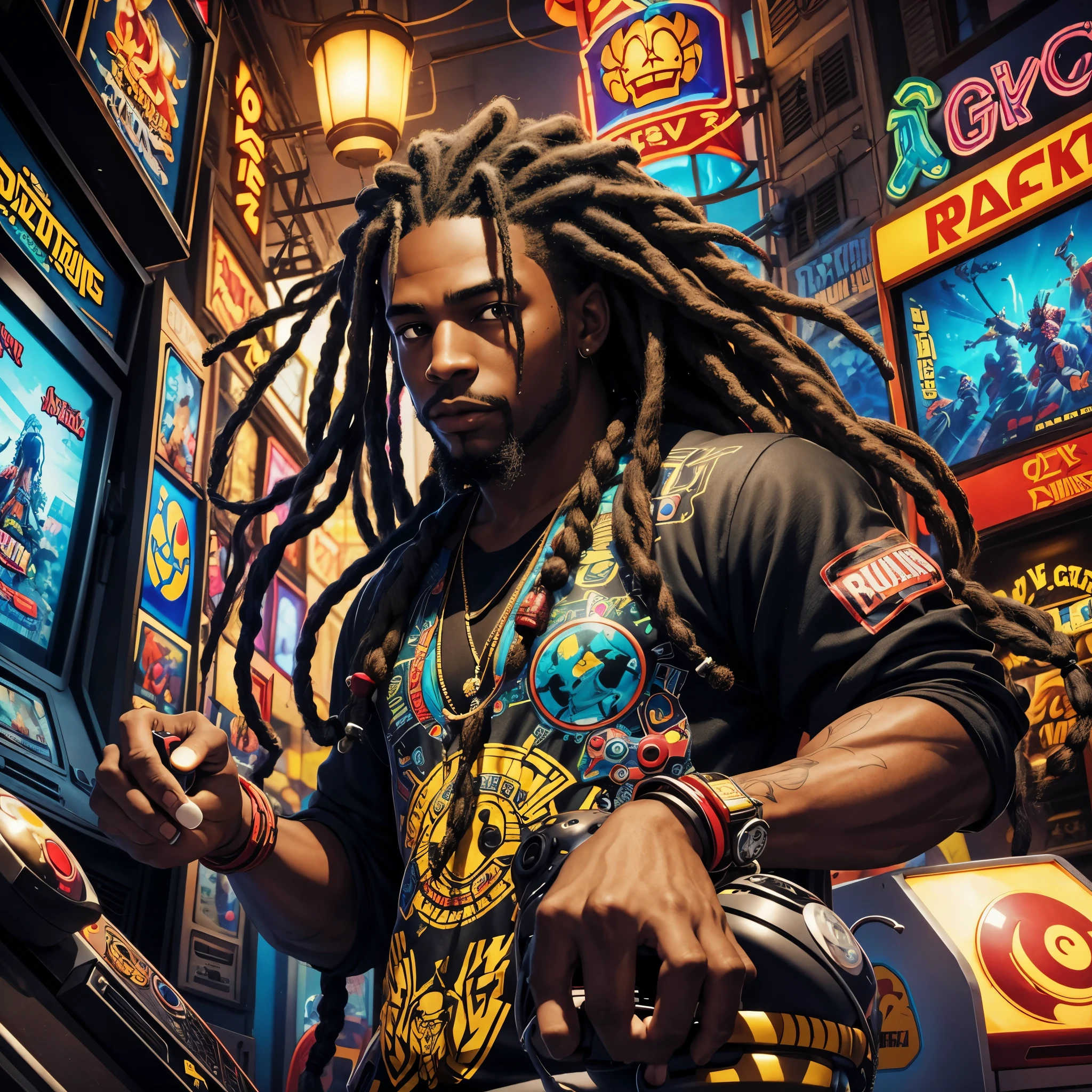 detailed artwork, cartoon style, image of black man with dread locs, surrounded by floating video game controllers, floating video game symbols, arcades in background