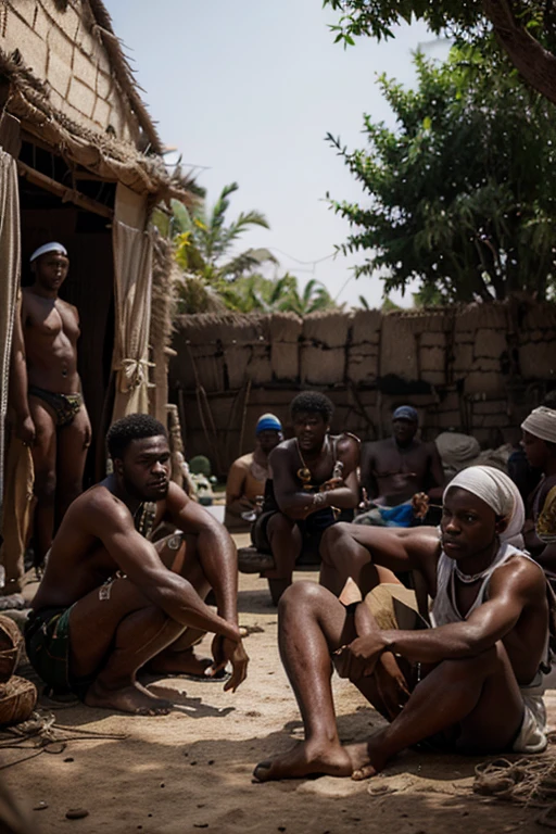 A group of enslaved black people in Ismail Sharif's empire, toiling under harsh conditions, with the king looking on indifferently.