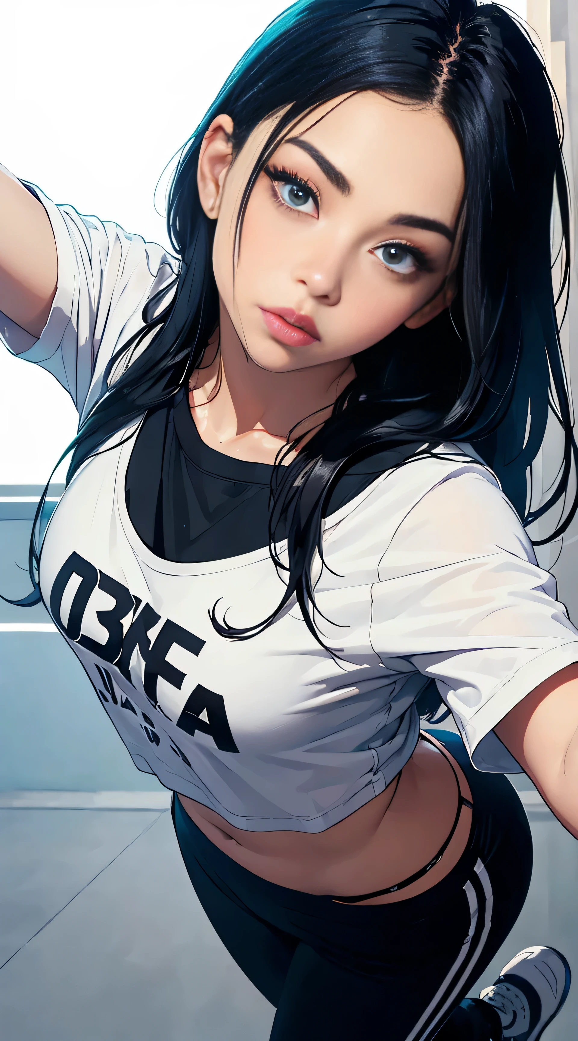 1 girl named Sarah with long light blue hair, dyed loose hair, Long hairstyle, perfect detailed face, Young pretty white girl, Hot-top model, Detailed symmetrical light green eyes with round irises, Beautiful, Walking and posing, Look at the observer, 19-year-old girl, looks like Madison Beer, extremely detailed face, Model, Realistic, Real life, perfect photorealistic picture, Realistic, hourglass figure, Stunning realistic photography, Detailed fingers, detailed realistic face, Soft fingers, real human nails, Extremely attractive girl, perfect detailed tan, small eyes, perfectly detailed face with realistic complexion and finely porous skin, small nose, Model, Perfect posture, Natural limbs, perfect long model legs, detailed symmetrical eyeballs, symmetric eyes, Realistic eyeballs, Realistic detailed eyes, cute plump closed lips, makeup, no long neck, no long waist, Perfect proportional body, seductive gaze, Looking in the direction of the viewer, Fascinating facial features, ah high, two arms, Two legs, one head, tiny breasts, realistic natural bodies, realistic shadows, Mystical epiphany, 8K, UHD, ((body facing the viewer, Pointing at the camera)), "wide-angle", Full-body shot, full pose, (photo studio white background), tempt a little, Cinematic world, Cover photo in the center of Hyperealistic, Stunning full-color, Cinematic, neoprene, behance contest winner, portrait of a, presented at Unsplash, stylized digital art, Smooth, extra high resolution, sexy look , She wearing a large white long oversize streetwear T-shirt and black Acronym J36-S sweatpants, (T-shirt only white), (((long oversize streetwear T-shirt))) , normal sneakers , black and white sneakers, instagram model, 80mm , Streetwear , (((dynamic angle))) , Realistic,round ass
