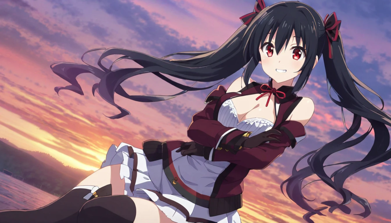 (1girl, anime, detailed eyes:1.2), long hair, looking at viewer, smile, red eyes, short hair, dress, black hair, gloves, sky, long sleeves, ribbon, hair between eyes, skirt, very long hair, upper body, hair ornmaent , shirt ,multicolored hair, bare shoulders, gradiant hair white hair, jewelry, outdoors, thighhighs, blush , (sunset), jacket, grin, cloud, cleavage , twintails,frills, hd wallpaper