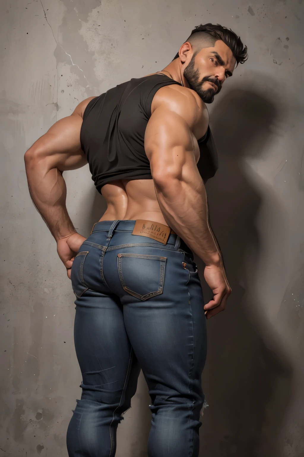 Obra maestra, mejor calidad, ultra detallado, 1 hombre, de espaldas, macho maduro, muscular, pedazo, bara, deportista, carne de res, negro skin, piel bronceada, latino, 36 years old, negro hair, brazos definidos, gray fur, barbas de chivo, cabello demasiado cortado, serious expression, camiseta gris, science fiction background, jeans de espaldas, jeans backside backside, bent over spread his cheeks