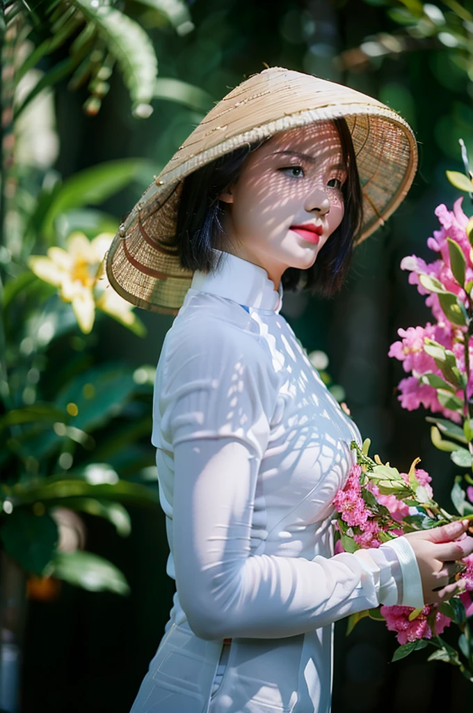 A beautiful short hair Asian girl wearing colorful Vietnamese ao dai, smirking, blurred background of flower garden.