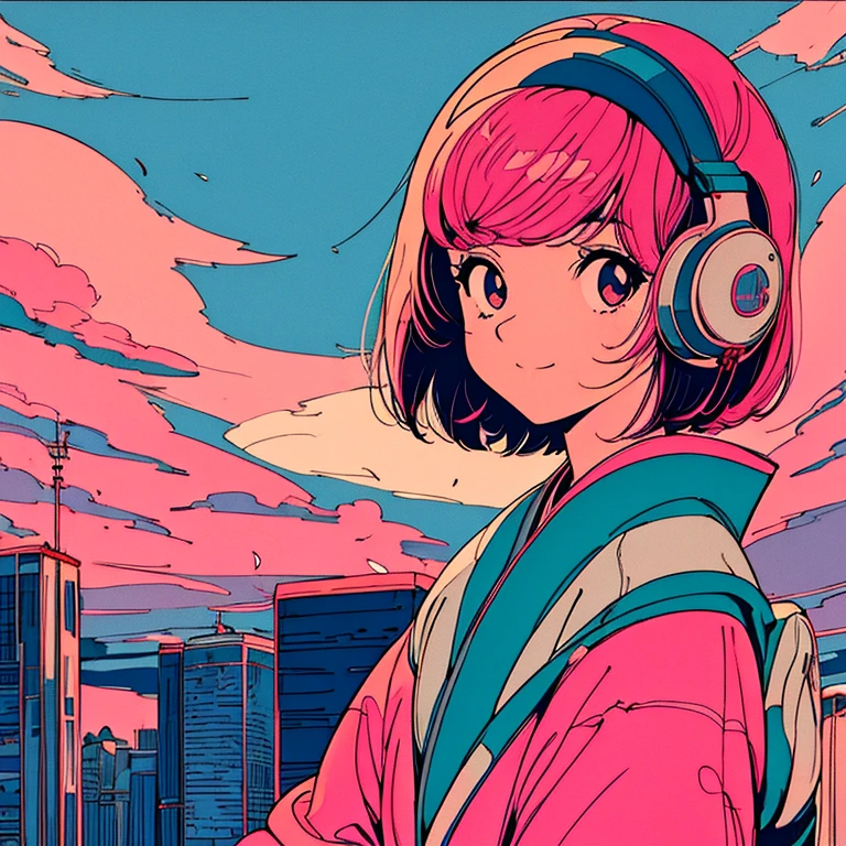 master piece, City Pop style, Pink Hair, fluffy bob cut, wearing headphones, shoulder length, alone, Futuristic, yet, lofi, retro, vintage, Ghost, light smile, cherry blossoms, ((kimono)), (( no human )), (( no person )),