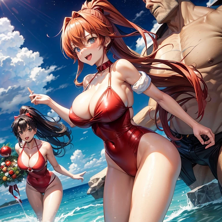 Her appearance resembles Asuka from Eva, but she has large breasts.、She's slim and in a Santa Claus-like swimsuit, having fun at a Christmas party.