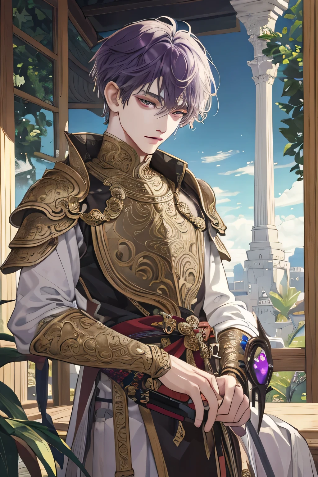 (extreamly delicate and beautiful:1.2), 8K,(masterpiece:1.0),(best_quality:1.0), 1 boy, and intricate detailing, Enlarged textures, and intricate detailing, finely eye and detailed face, and intricate detailing, shiraga, with chiton yunani, short curl hair purple, (closed mouths), Perfect eyes, Equal eyes, lime eyes, eyes look at camera (A male god) with body armor