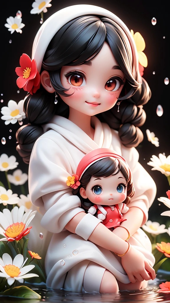 Photorealistic、((Use white, Black and red))、Soft plastic doll、((Emphasize the softness of the doll))、a smile、Water drops on cheeks、Strike a cute pose、(HD Gallery)、Face、Eyes up、Colorcon Heart、There are flowers in the foreground...、season!!: summer☀ 🍂